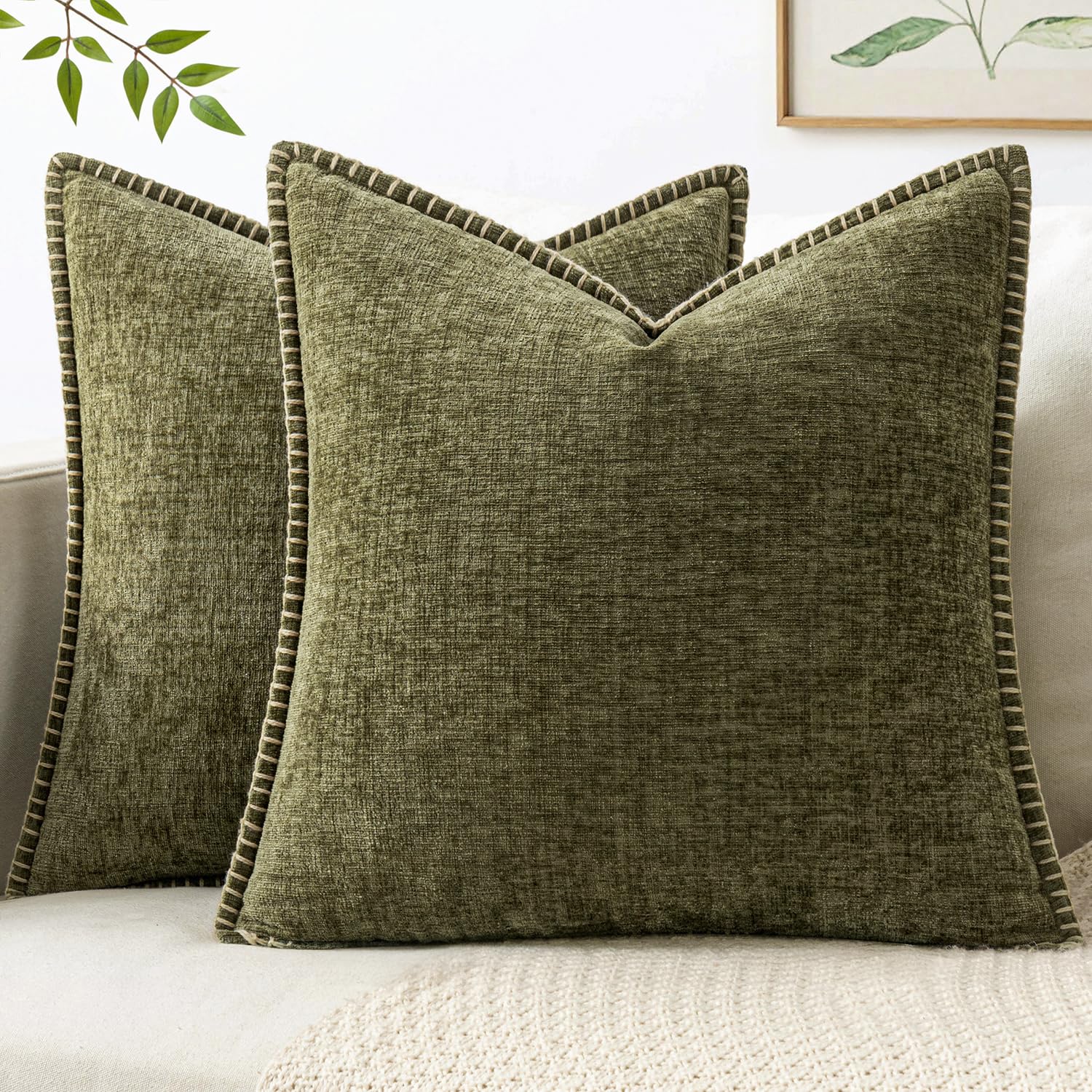 MIULEE Pack of 2 Couch Throw Pillow Covers 18x18 Inch Sage Green Farmhouse Decorative Pillow Covers with Stitched Edge Soft Chenille Solid Dyed Summer Pillow Covers for Sofa Bed Living Room
