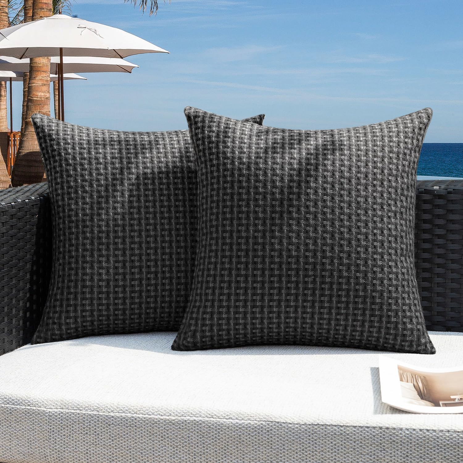 Kevin Textile Outdoor Waterproof Throw Pillow Covers Pack of 2 Weaving Texture Water Resistant Outside Decorative Cushion Covers for Garden Patio Tent Balcony Bench Couch Sofa 18x18 Inch, Navy Blue