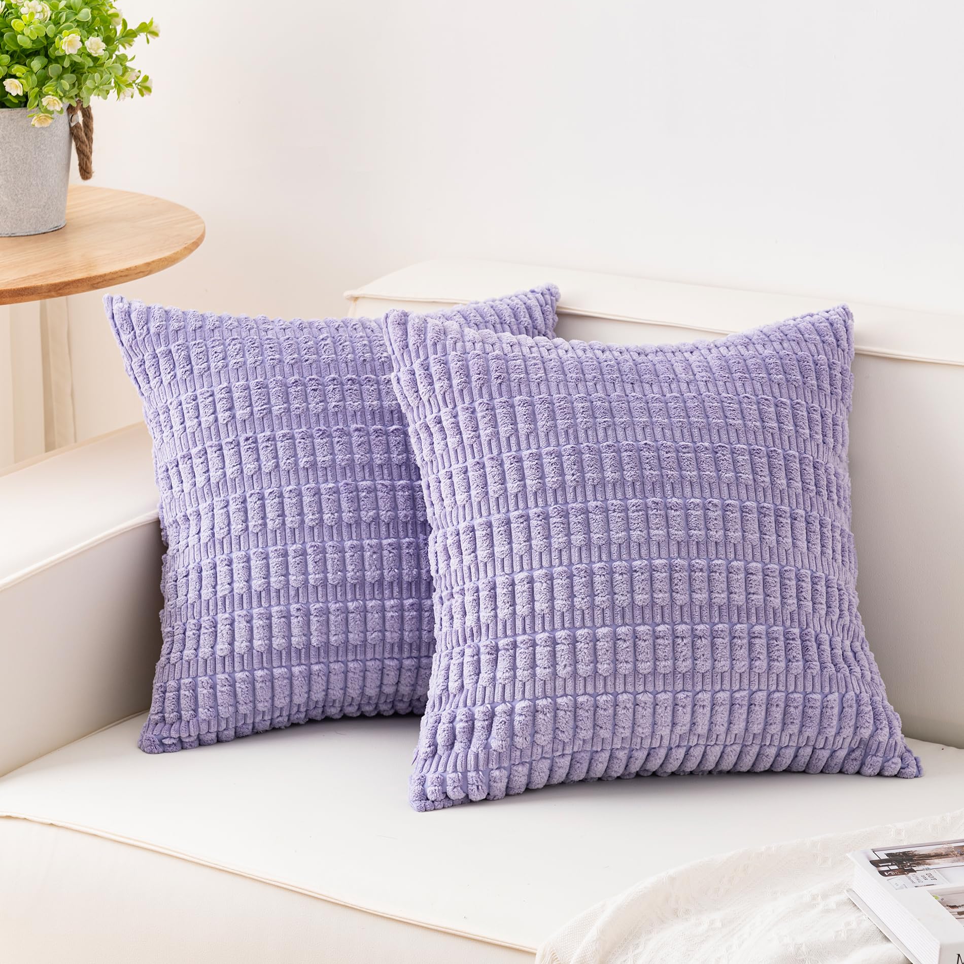 Aegero Pack of 2 Corduroy Decorative Throw Pillow Covers 18x18 Inch Soft Striped Pillow Covers Modern Farmhouse Home Decor for Sofa Living Room Couch Bed(Cream White)