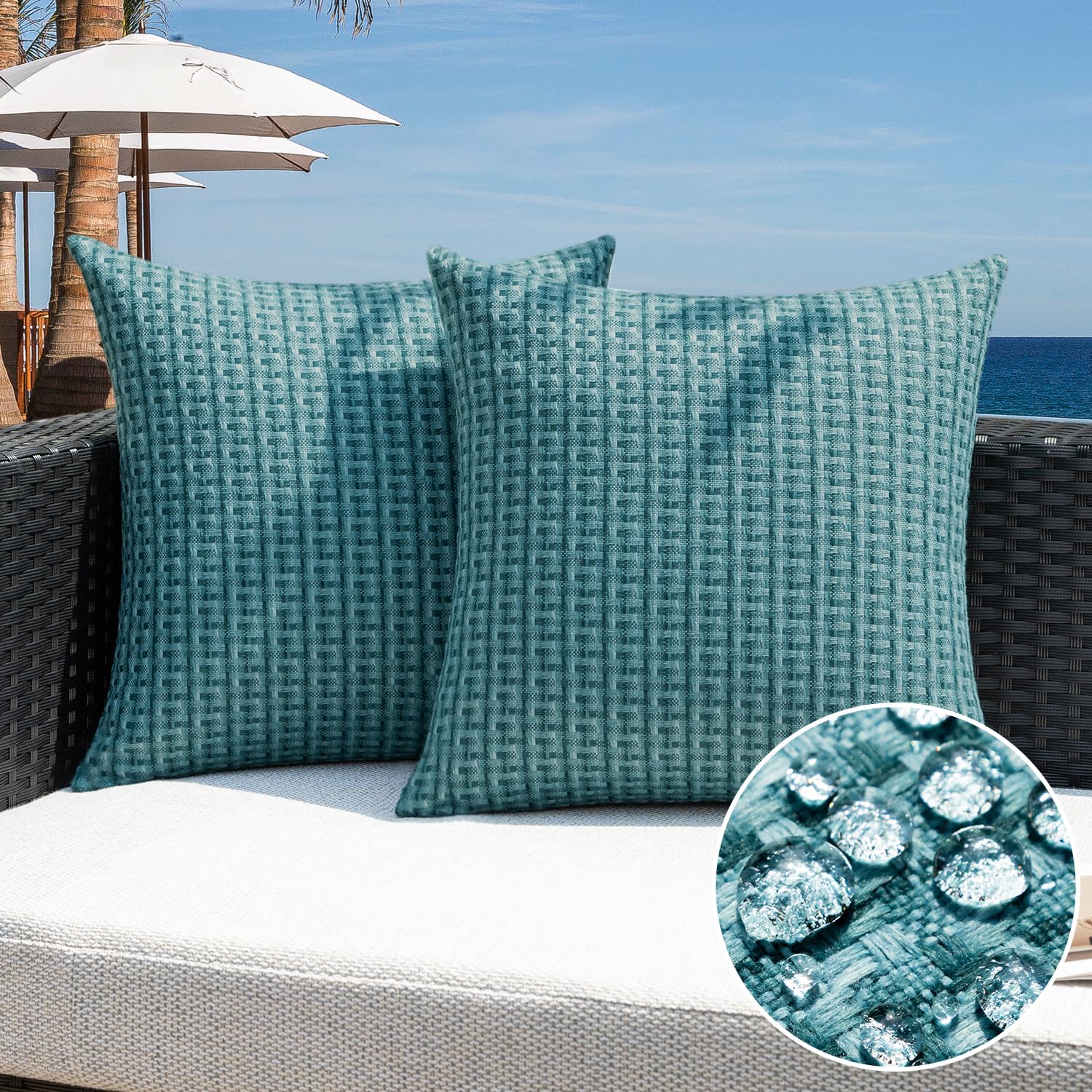 Kevin Textile Outdoor Waterproof Throw Pillow Covers Pack of 2 Weaving Texture Water Resistant Outside Decorative Cushion Covers for Garden Patio Tent Balcony Bench Couch Sofa 18x18 Inch, Navy Blue