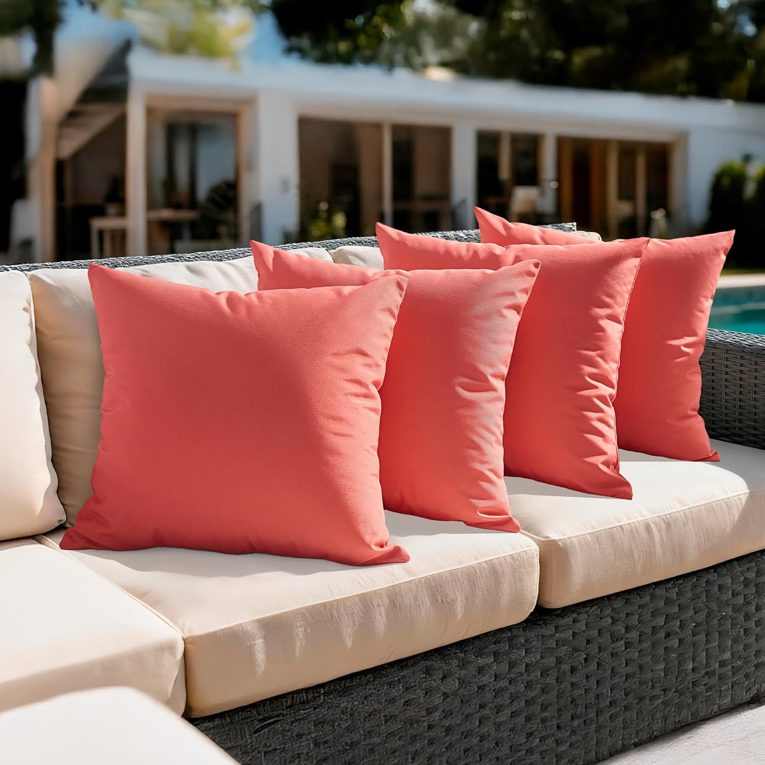 Amazon Basics 4-Piece Outdoor Decorative Throw Pillow Covers, Water Resistant All-Weather Pillow Protectors for The Garden, Patio, Balcony, Couch and Sofa, 18 x 18 Inches, Red