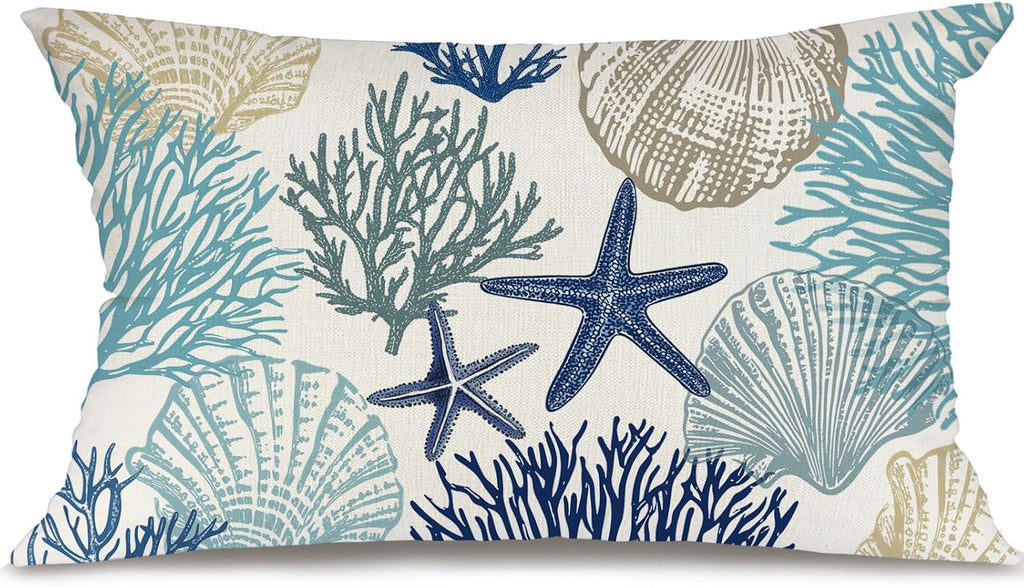 GEEORY Summer Pillow Cover 12x20 Inch - Starfish Seaweed Seashell Coastal Decor in Soft Blue, Nautical Beach Throw Pillow Case for Sofa, Couch, Living Room, Bedroom