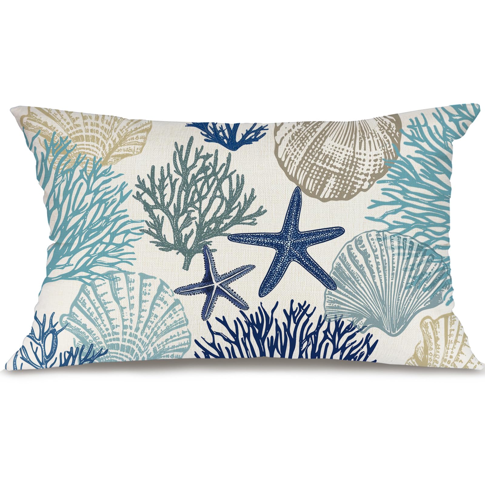 GEEORY Summer Pillow Cover 12x20 Inch - Starfish Seaweed Seashell Coastal Decor in Soft Blue, Nautical Beach Throw Pillow Case for Sofa, Couch, Living Room, Bedroom