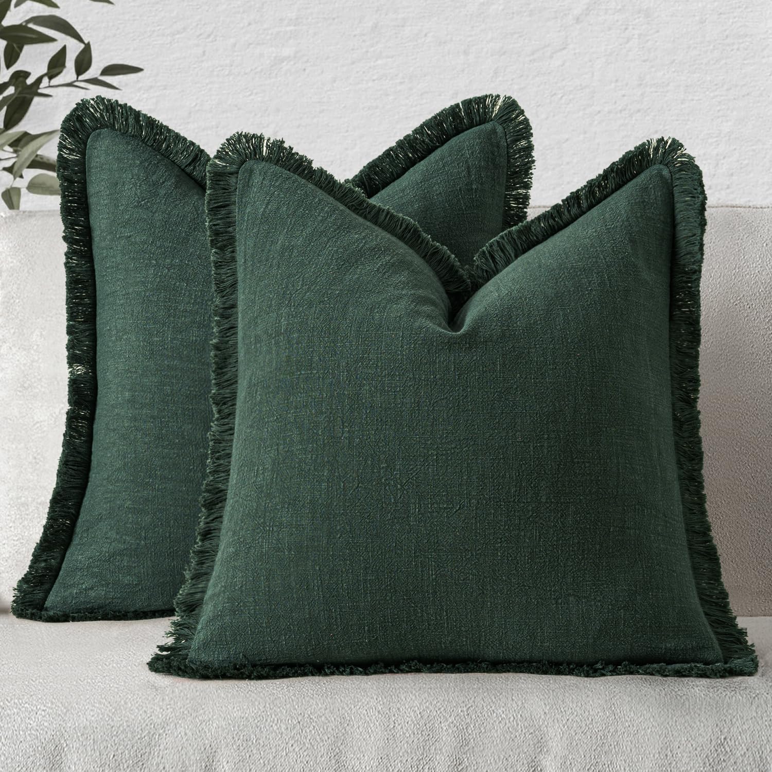 MIULEE Decorative Throw Pillow Covers Neutral Linen Fringe Throw Pillows Set of 2 Olive Green Boho Farmhouse Cushion Covers with Tassels for Couch Sofa Bed Living Room Spring Home Decor 20x20 Inch