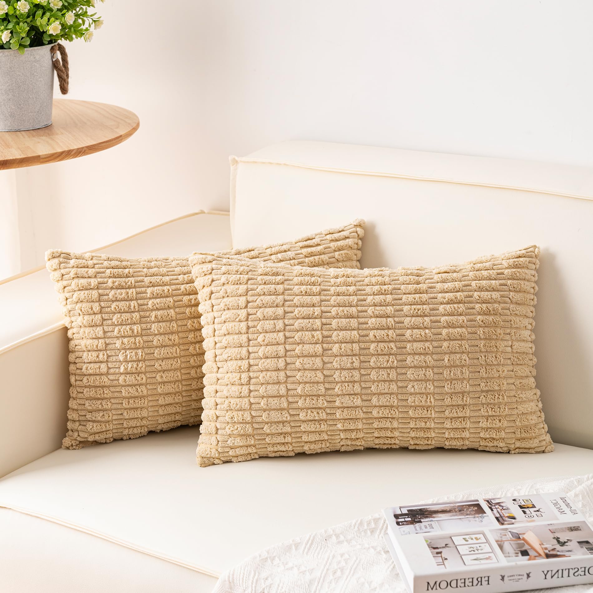 Aegero Pack of 2 Corduroy Decorative Throw Pillow Covers 18x18 Inch Soft Striped Pillow Covers Modern Farmhouse Home Decor for Sofa Living Room Couch Bed(Cream White)
