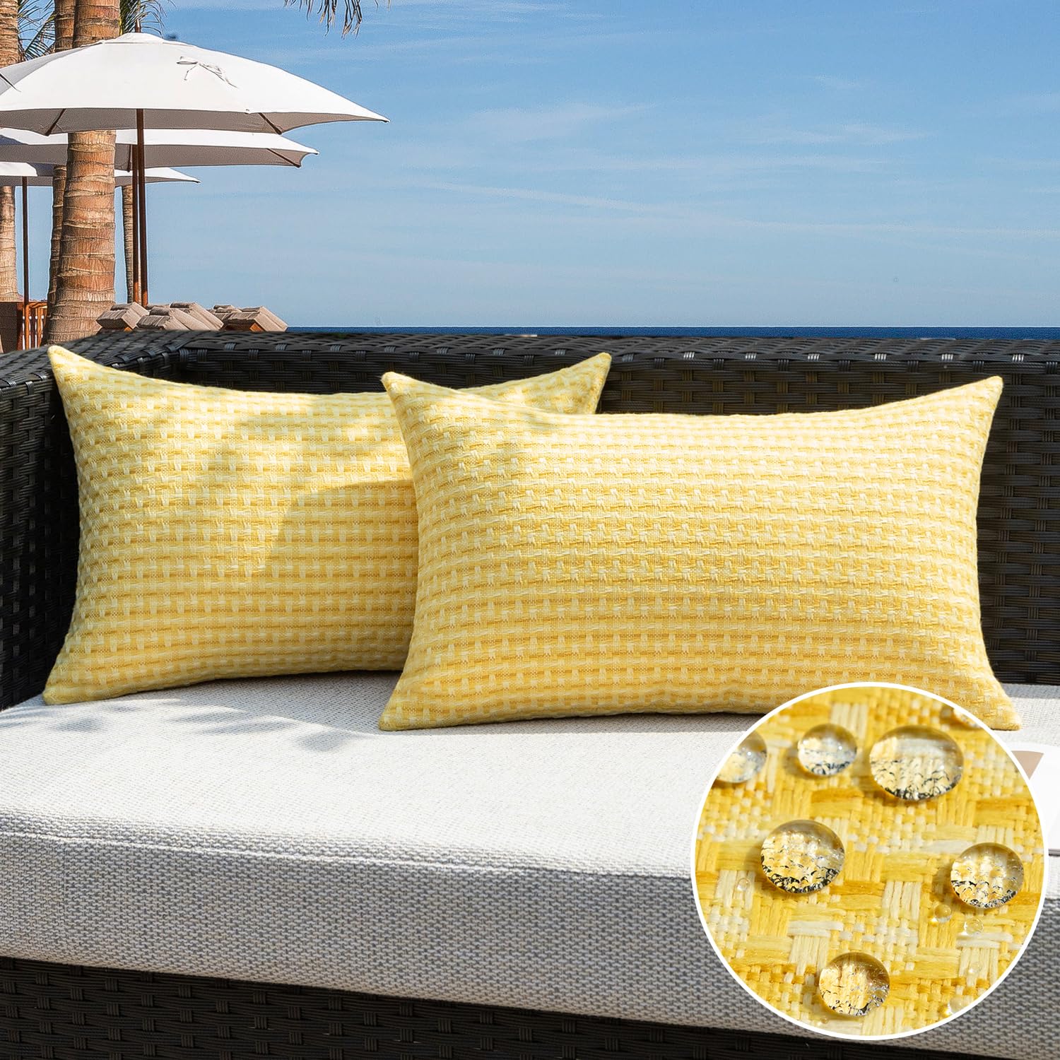 Kevin Textile Outdoor Waterproof Throw Pillow Covers Pack of 2 Weaving Texture Water Resistant Outside Decorative Cushion Covers for Garden Patio Tent Balcony Bench Couch Sofa 18x18 Inch, Navy Blue