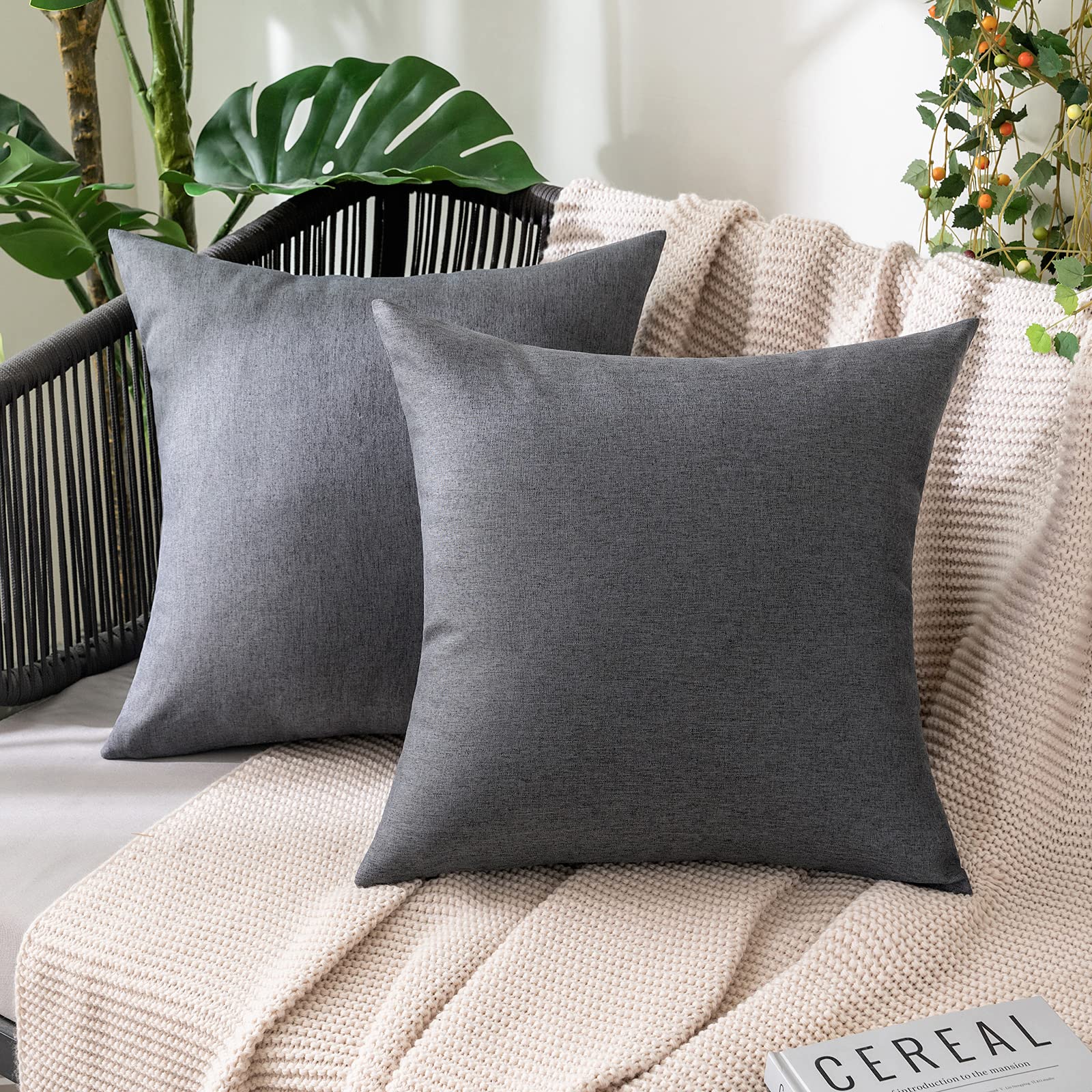 MIULEE Pack of 2 Decorative Outdoor Solid Waterproof Throw Pillow Covers Faux Linen Garden Farmhouse Cushion Cases for Summer Patio Tent Balcony Couch Sofa 18x18 Inch Navy
