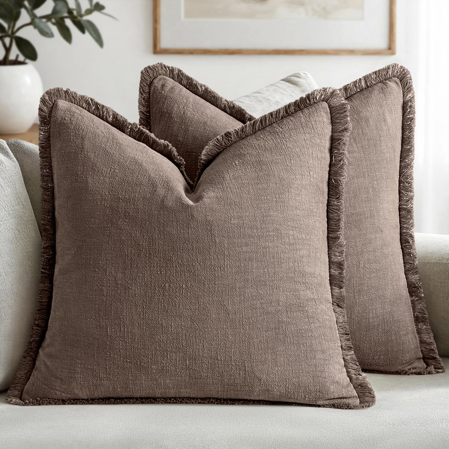 MIULEE Decorative Throw Pillow Covers Neutral Linen Fringe Throw Pillows Set of 2 Olive Green Boho Farmhouse Cushion Covers with Tassels for Couch Sofa Bed Living Room Spring Home Decor 20x20 Inch