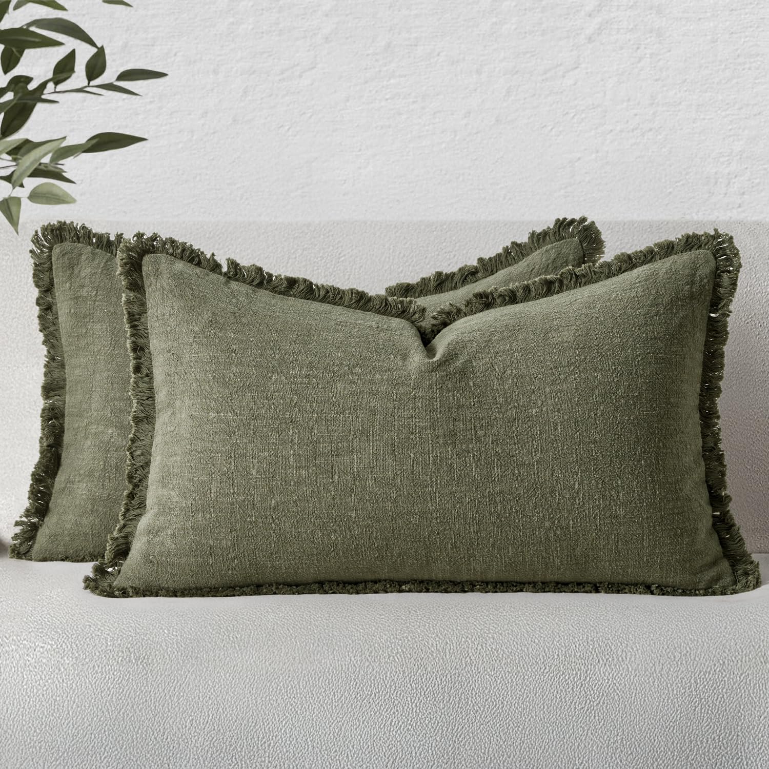 MIULEE Decorative Throw Pillow Covers Neutral Linen Fringe Throw Pillows Set of 2 Olive Green Boho Farmhouse Cushion Covers with Tassels for Couch Sofa Bed Living Room Spring Home Decor 20x20 Inch