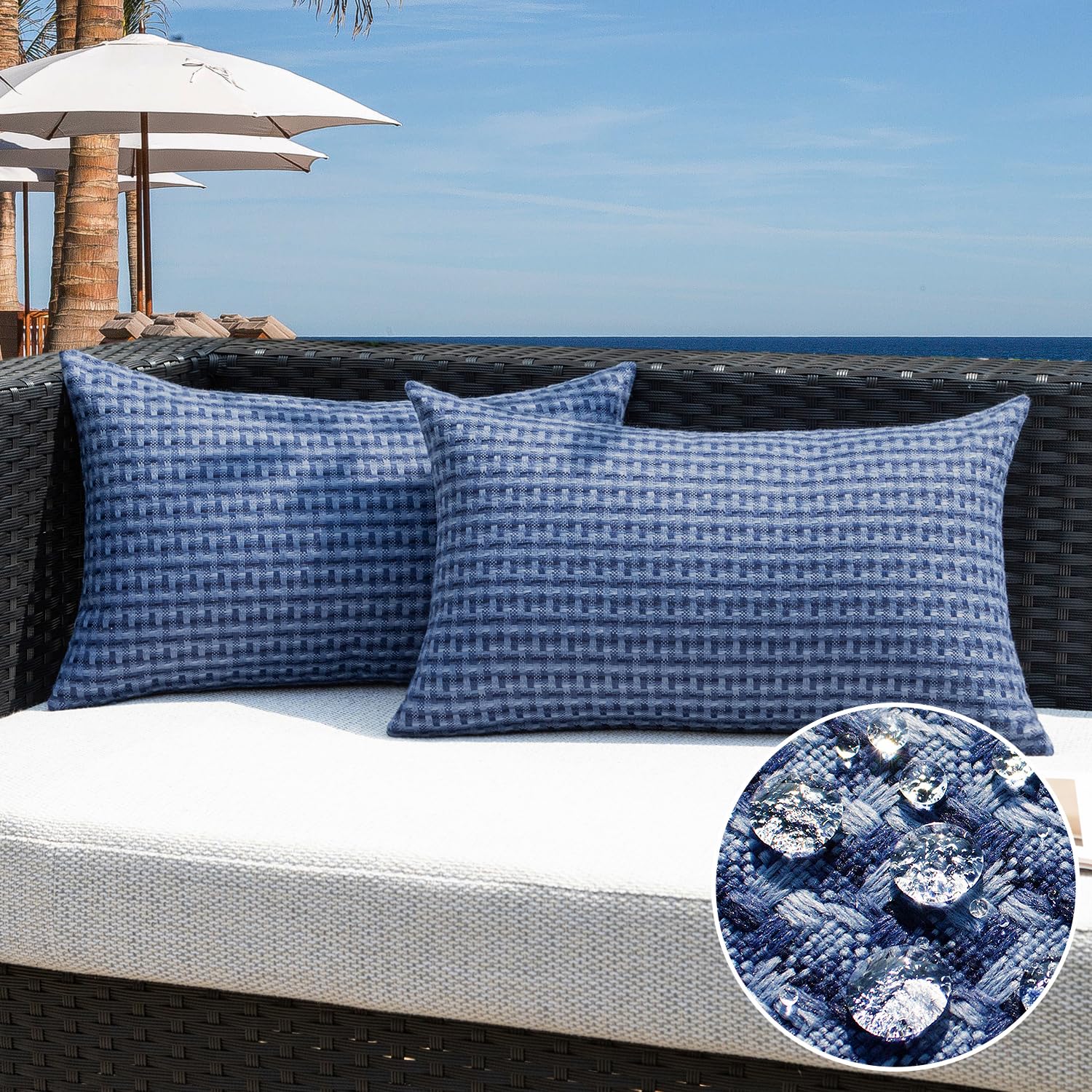 Kevin Textile Outdoor Waterproof Throw Pillow Covers Pack of 2 Weaving Texture Water Resistant Outside Decorative Cushion Covers for Garden Patio Tent Balcony Bench Couch Sofa 18x18 Inch, Navy Blue