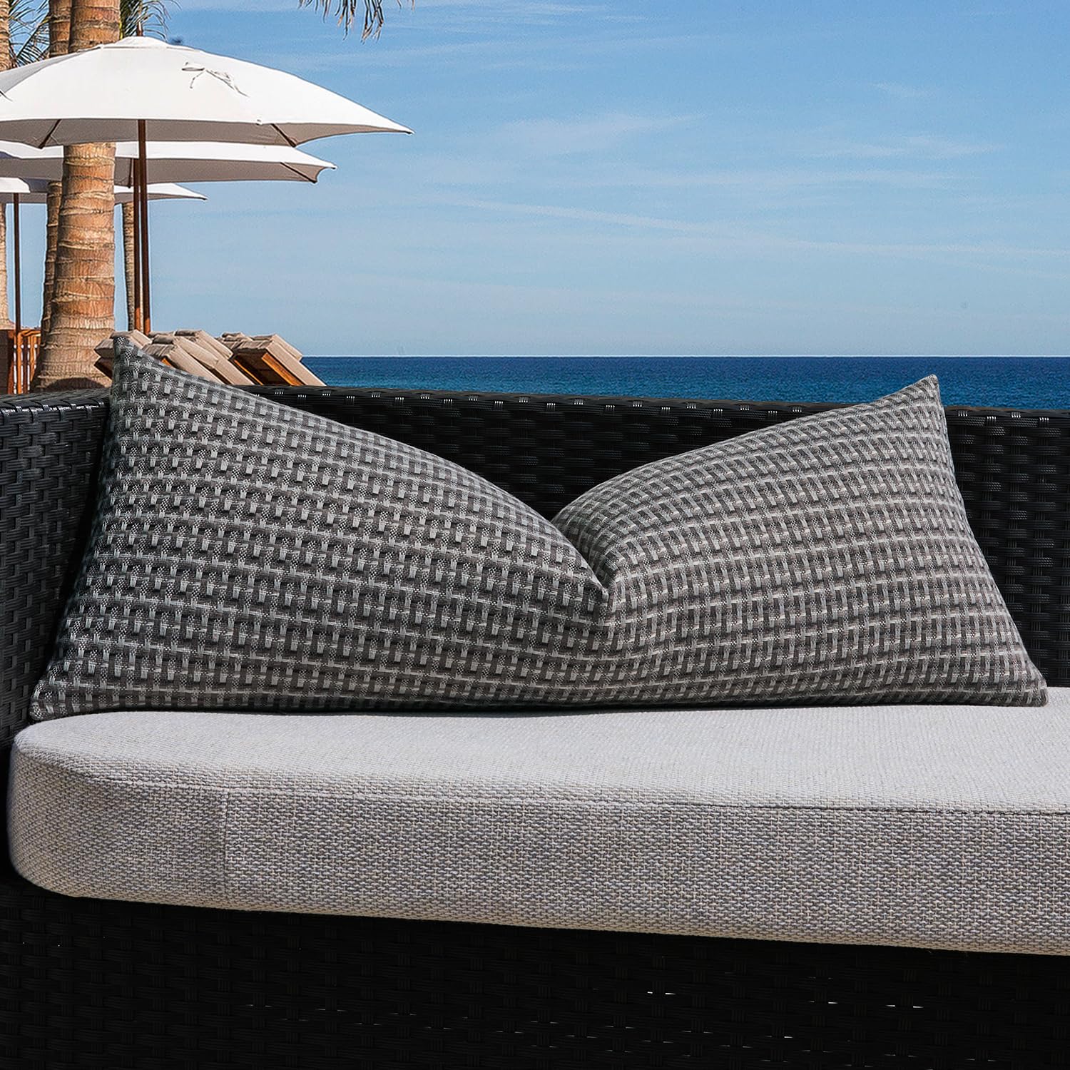 Kevin Textile Outdoor Waterproof Throw Pillow Covers Pack of 2 Weaving Texture Water Resistant Outside Decorative Cushion Covers for Garden Patio Tent Balcony Bench Couch Sofa 18x18 Inch, Navy Blue