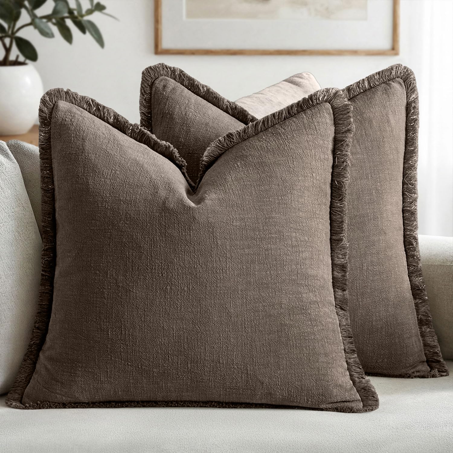 MIULEE Decorative Throw Pillow Covers Neutral Linen Fringe Throw Pillows Set of 2 Olive Green Boho Farmhouse Cushion Covers with Tassels for Couch Sofa Bed Living Room Spring Home Decor 20x20 Inch