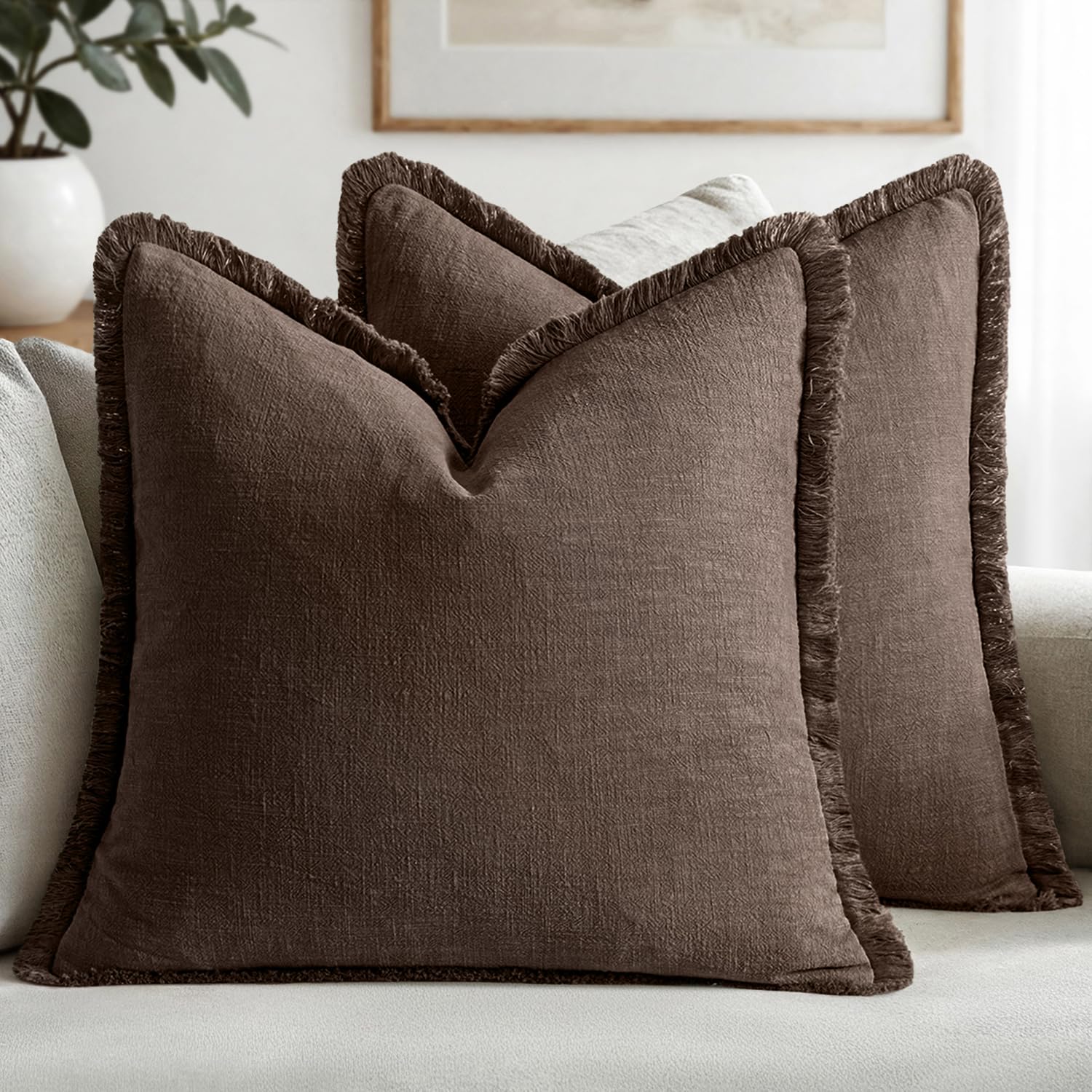 MIULEE Decorative Throw Pillow Covers Neutral Linen Fringe Throw Pillows Set of 2 Olive Green Boho Farmhouse Cushion Covers with Tassels for Couch Sofa Bed Living Room Spring Home Decor 20x20 Inch