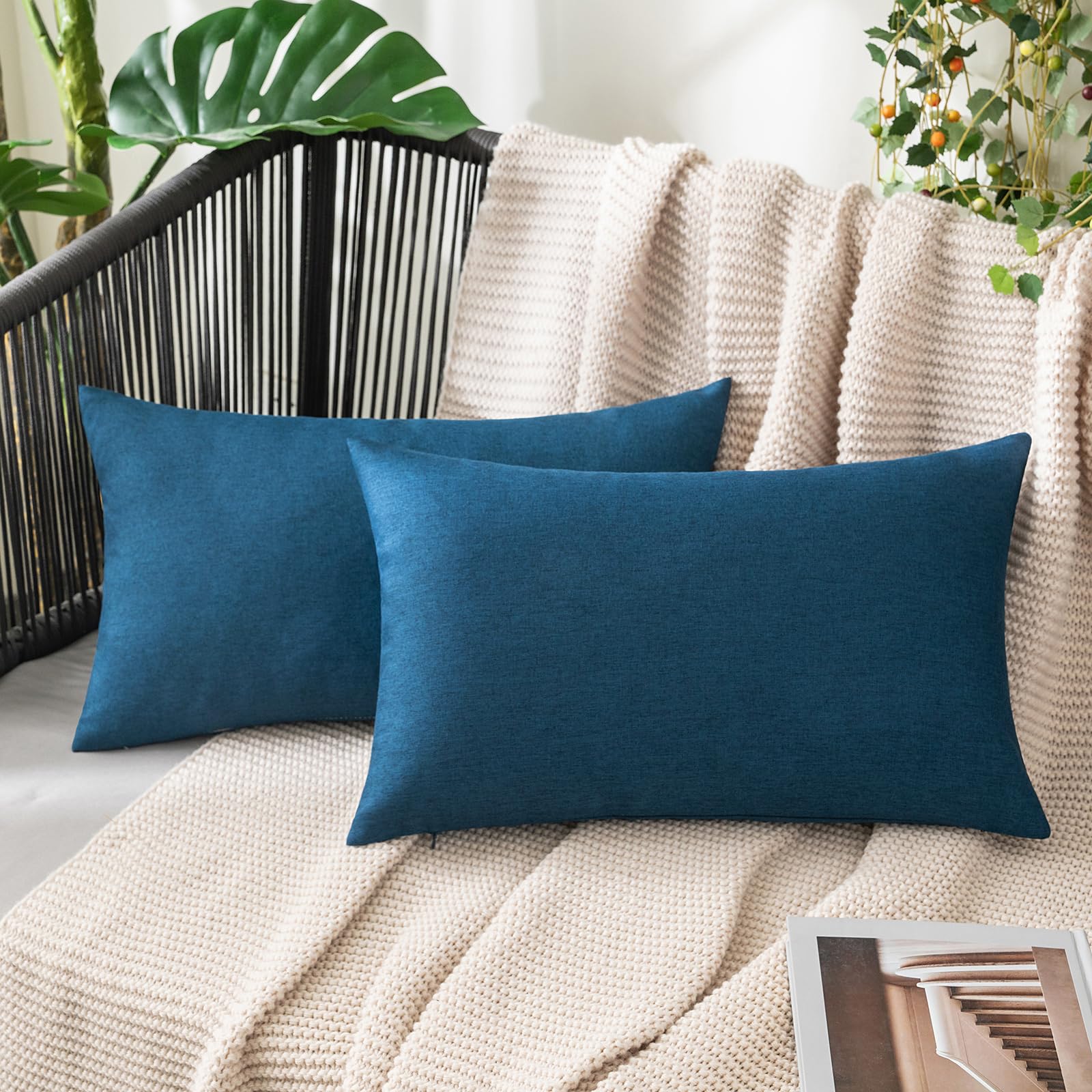MIULEE Pack of 2 Decorative Outdoor Solid Waterproof Throw Pillow Covers Faux Linen Garden Farmhouse Cushion Cases for Summer Patio Tent Balcony Couch Sofa 18x18 Inch Navy