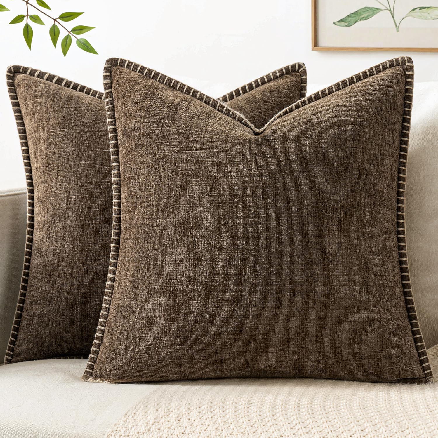 MIULEE Pack of 2 Couch Throw Pillow Covers 18x18 Inch Sage Green Farmhouse Decorative Pillow Covers with Stitched Edge Soft Chenille Solid Dyed Summer Pillow Covers for Sofa Bed Living Room