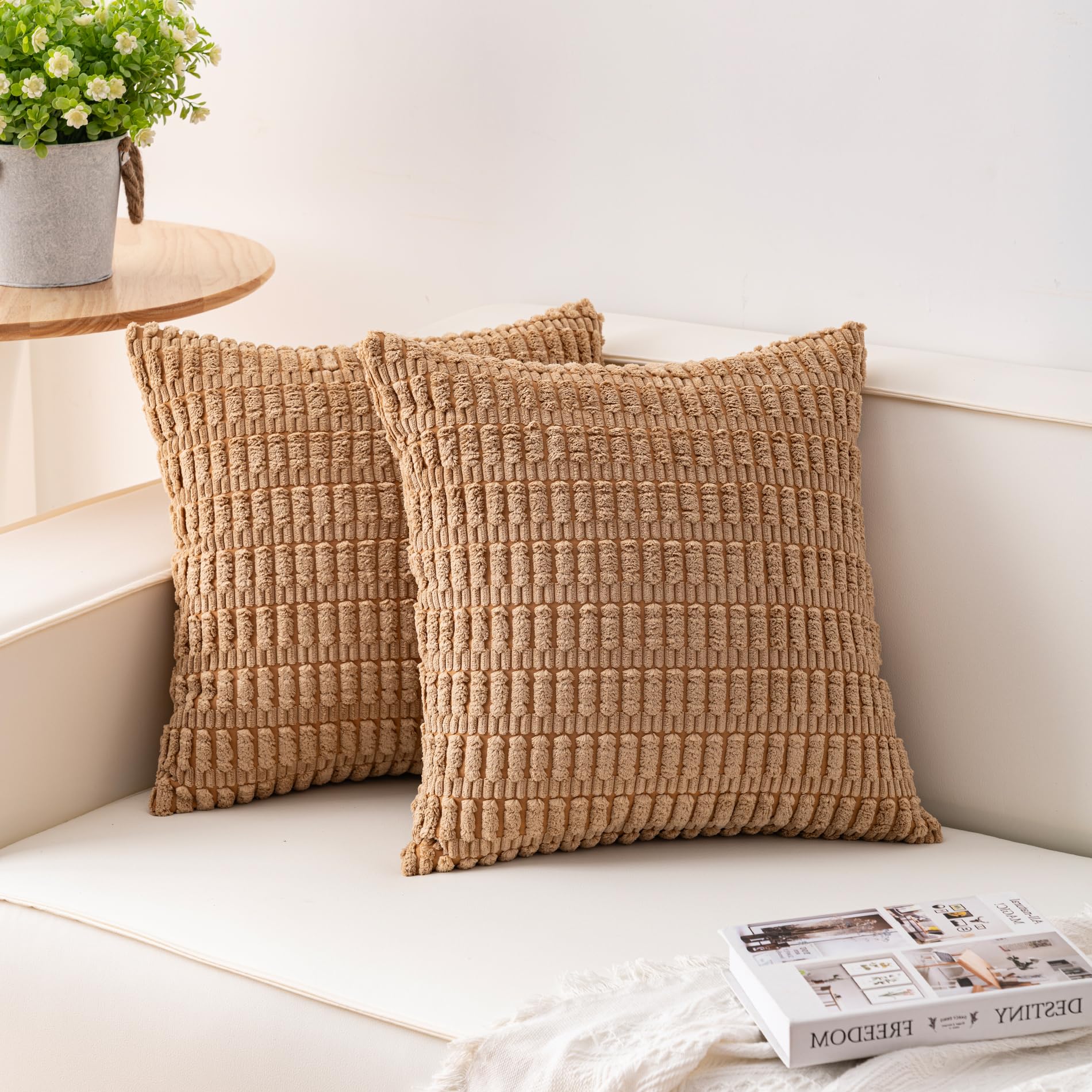 Aegero Pack of 2 Corduroy Decorative Throw Pillow Covers 18x18 Inch Soft Striped Pillow Covers Modern Farmhouse Home Decor for Sofa Living Room Couch Bed(Cream White)