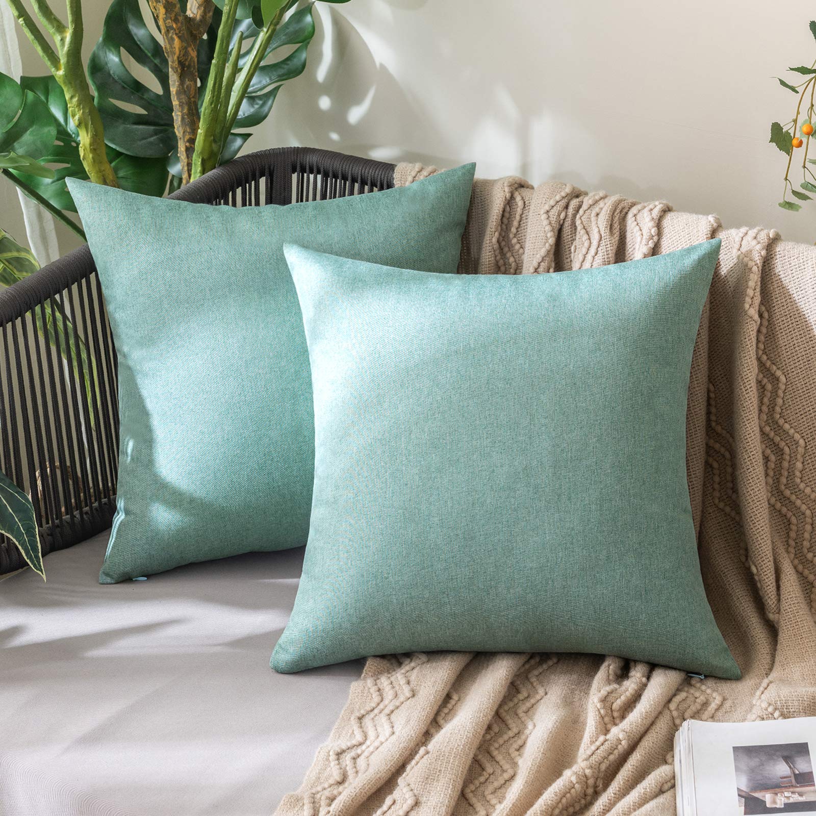 MIULEE Pack of 2 Decorative Outdoor Solid Waterproof Throw Pillow Covers Faux Linen Garden Farmhouse Cushion Cases for Summer Patio Tent Balcony Couch Sofa 18x18 Inch Navy