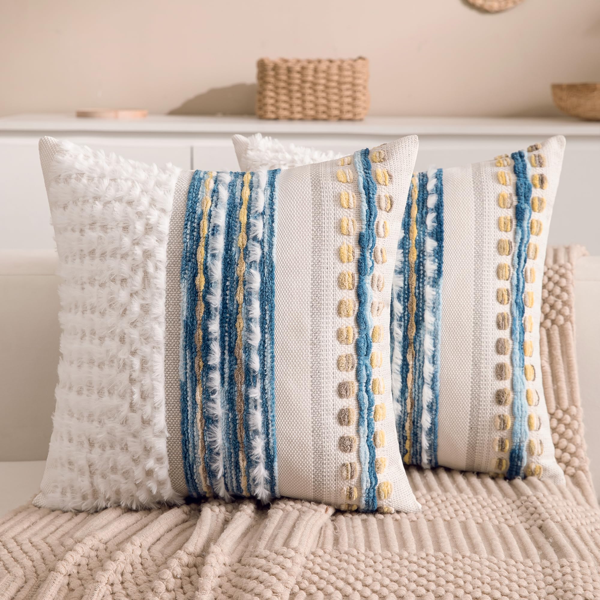 Boho Chenille Tufted Couch Throw Pillow Covers 18x18 Inch Set of 2 Farmhouse Striped Decorative Pillow Covers Accent Neutral Square Pillowcase Green Cushion Covers for Livingroom Sofa Bed