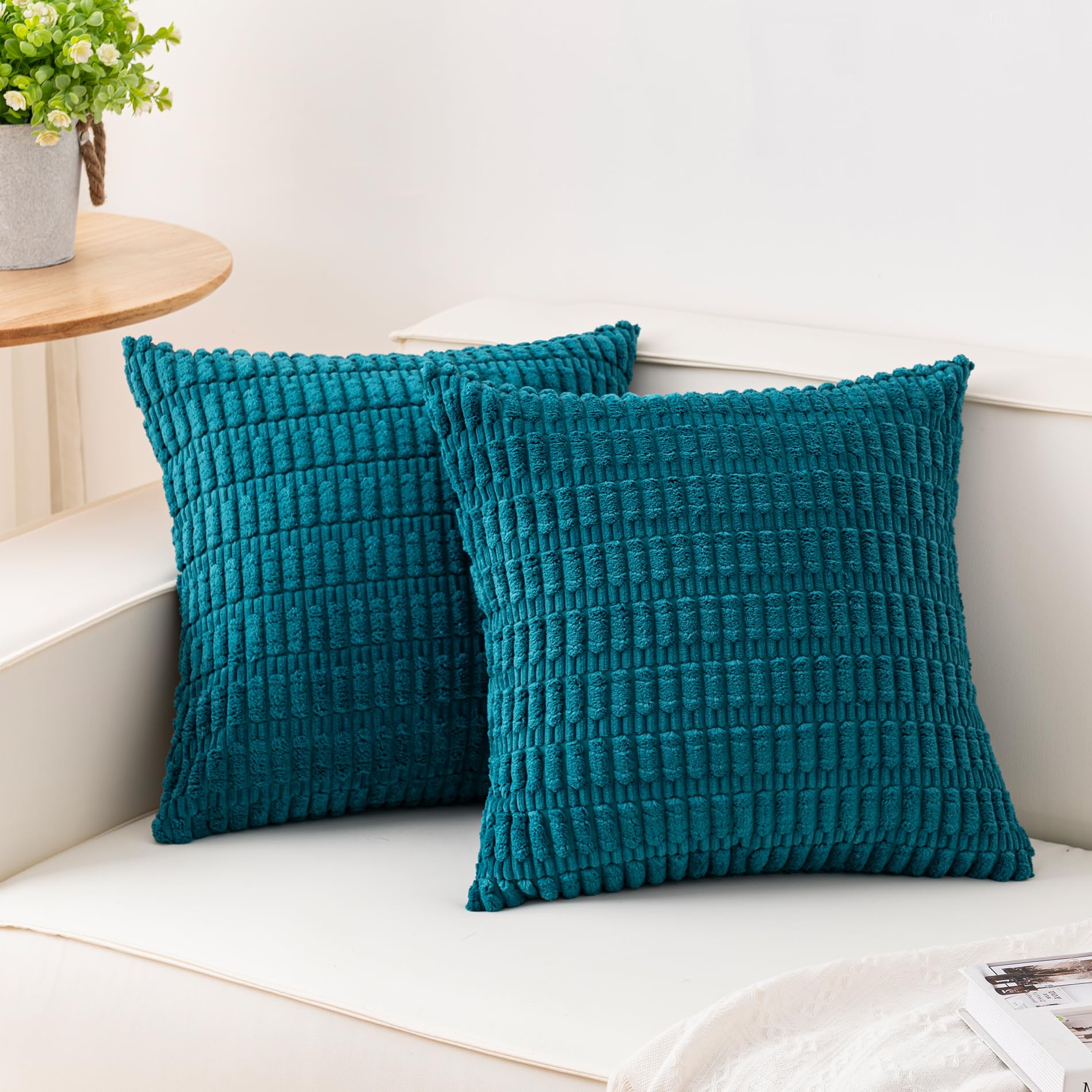 Aegero Pack of 2 Corduroy Decorative Throw Pillow Covers 18x18 Inch Soft Striped Pillow Covers Modern Farmhouse Home Decor for Sofa Living Room Couch Bed(Cream White)