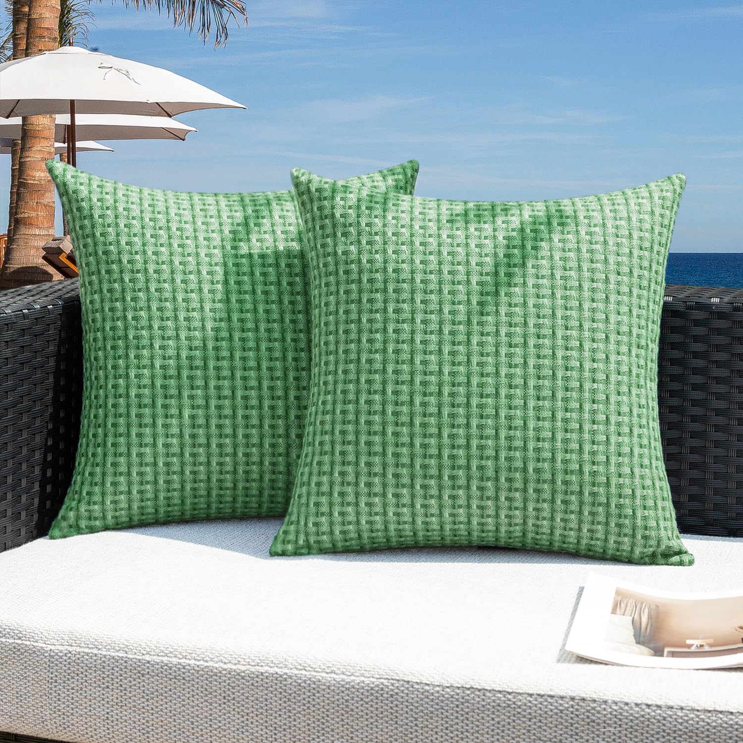 Kevin Textile Outdoor Waterproof Throw Pillow Covers Pack of 2 Weaving Texture Water Resistant Outside Decorative Cushion Covers for Garden Patio Tent Balcony Bench Couch Sofa 18x18 Inch, Navy Blue