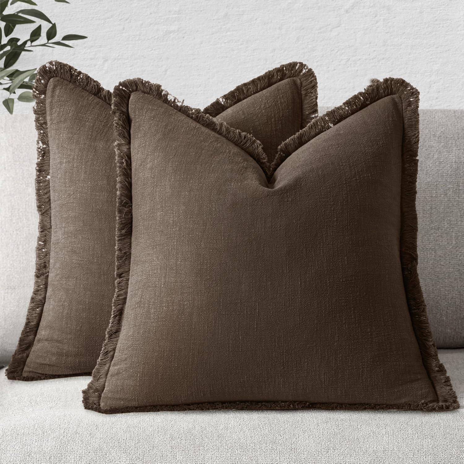 MIULEE Decorative Throw Pillow Covers Neutral Linen Fringe Throw Pillows Set of 2 Olive Green Boho Farmhouse Cushion Covers with Tassels for Couch Sofa Bed Living Room Spring Home Decor 20x20 Inch
