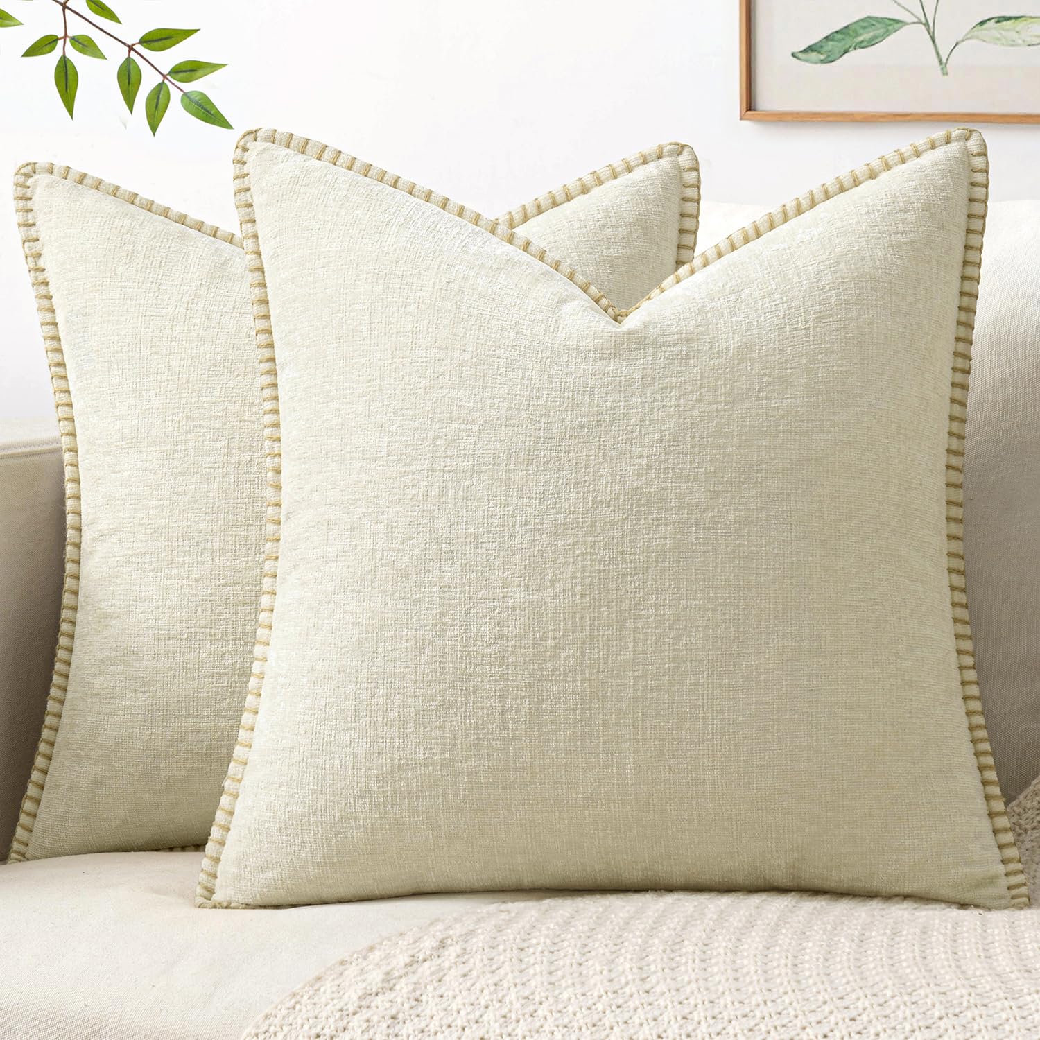 MIULEE Pack of 2 Couch Throw Pillow Covers 18x18 Inch Sage Green Farmhouse Decorative Pillow Covers with Stitched Edge Soft Chenille Solid Dyed Summer Pillow Covers for Sofa Bed Living Room