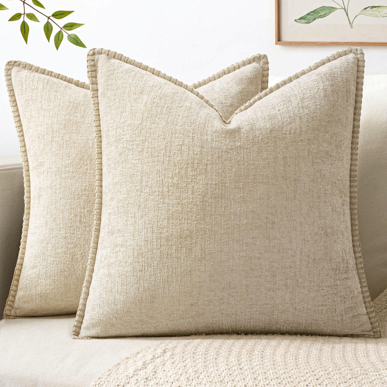MIULEE Pack of 2 Couch Throw Pillow Covers 18x18 Inch Sage Green Farmhouse Decorative Pillow Covers with Stitched Edge Soft Chenille Solid Dyed Summer Pillow Covers for Sofa Bed Living Room