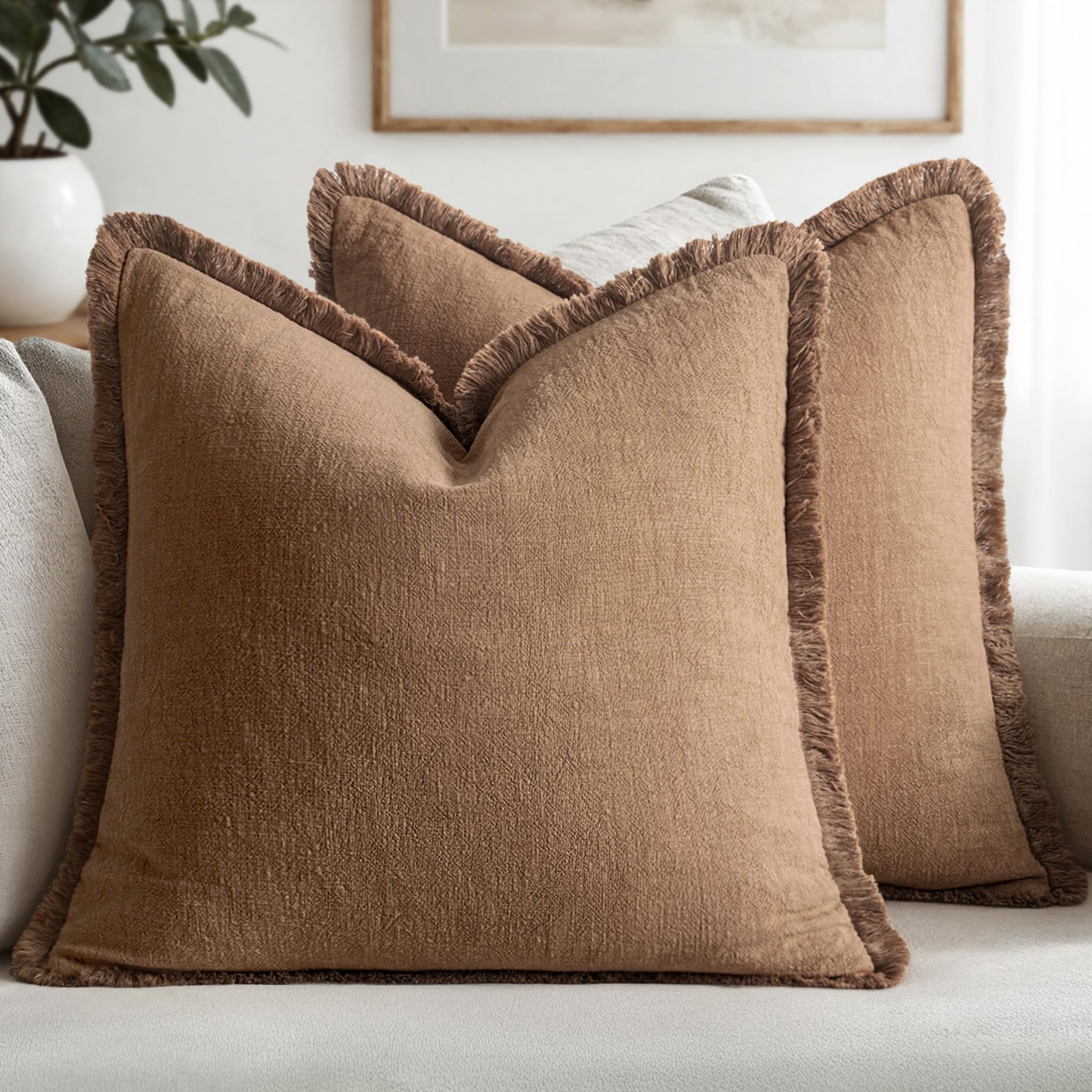 MIULEE Decorative Throw Pillow Covers Neutral Linen Fringe Throw Pillows Set of 2 Olive Green Boho Farmhouse Cushion Covers with Tassels for Couch Sofa Bed Living Room Spring Home Decor 20x20 Inch