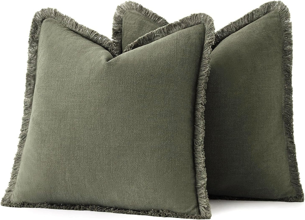 MIULEE Decorative Throw Pillow Covers Neutral Linen Fringe Throw Pillows Set of 2 Olive Green Boho Farmhouse Cushion Covers with Tassels for Couch Sofa Bed Living Room Spring Home Decor 20x20 Inch