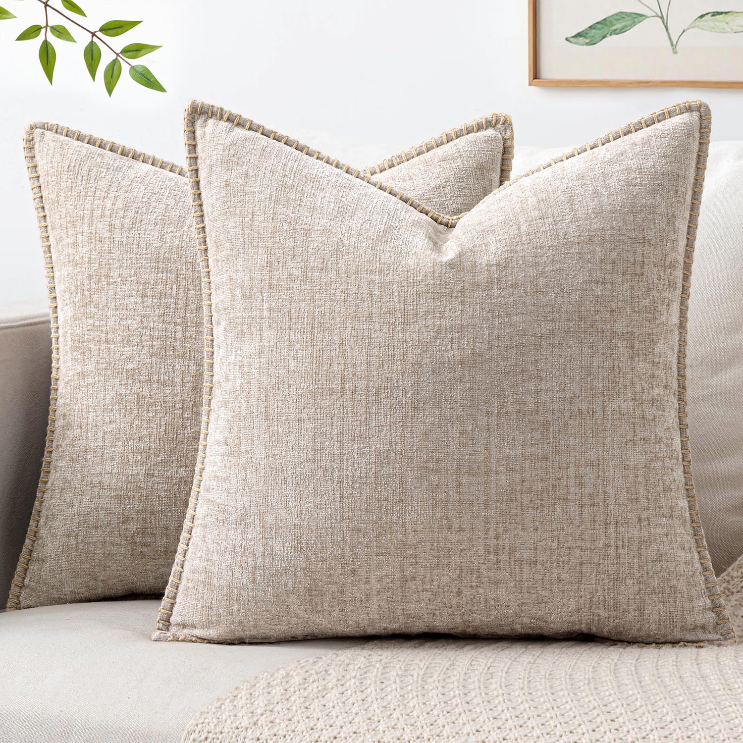 MIULEE Pack of 2 Couch Throw Pillow Covers 18x18 Inch Sage Green Farmhouse Decorative Pillow Covers with Stitched Edge Soft Chenille Solid Dyed Summer Pillow Covers for Sofa Bed Living Room