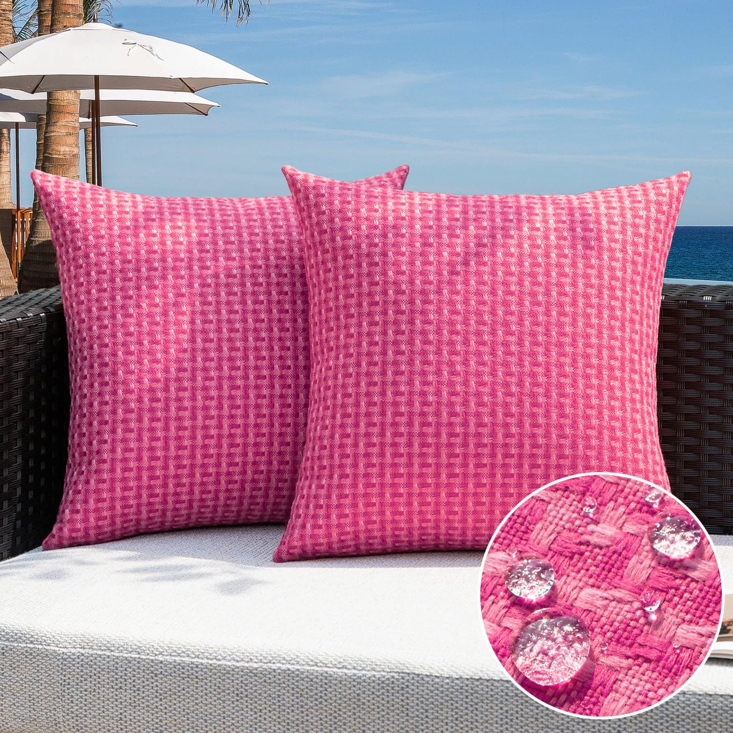 Kevin Textile Outdoor Waterproof Throw Pillow Covers Pack of 2 Weaving Texture Water Resistant Outside Decorative Cushion Covers for Garden Patio Tent Balcony Bench Couch Sofa 18x18 Inch, Navy Blue