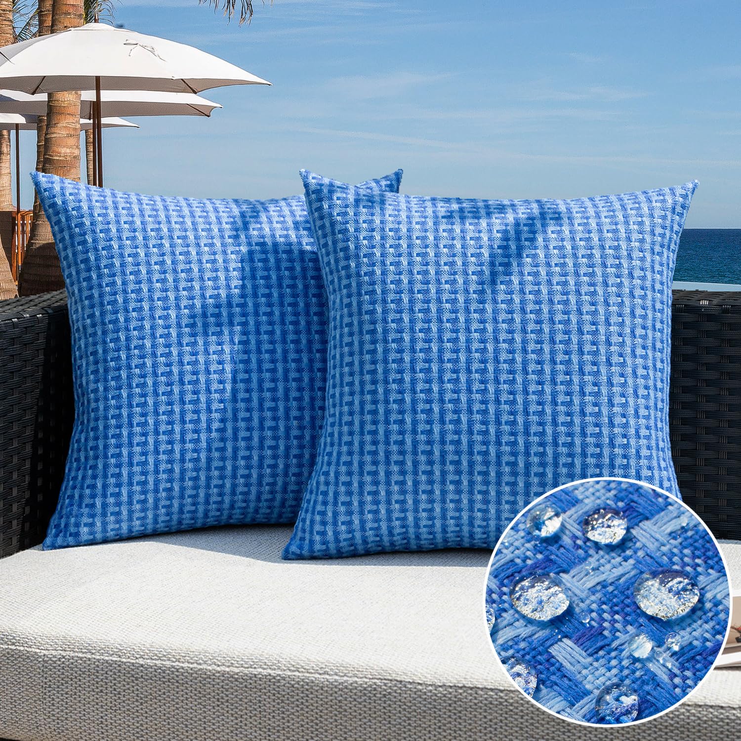 Kevin Textile Outdoor Waterproof Throw Pillow Covers Pack of 2 Weaving Texture Water Resistant Outside Decorative Cushion Covers for Garden Patio Tent Balcony Bench Couch Sofa 18x18 Inch, Navy Blue