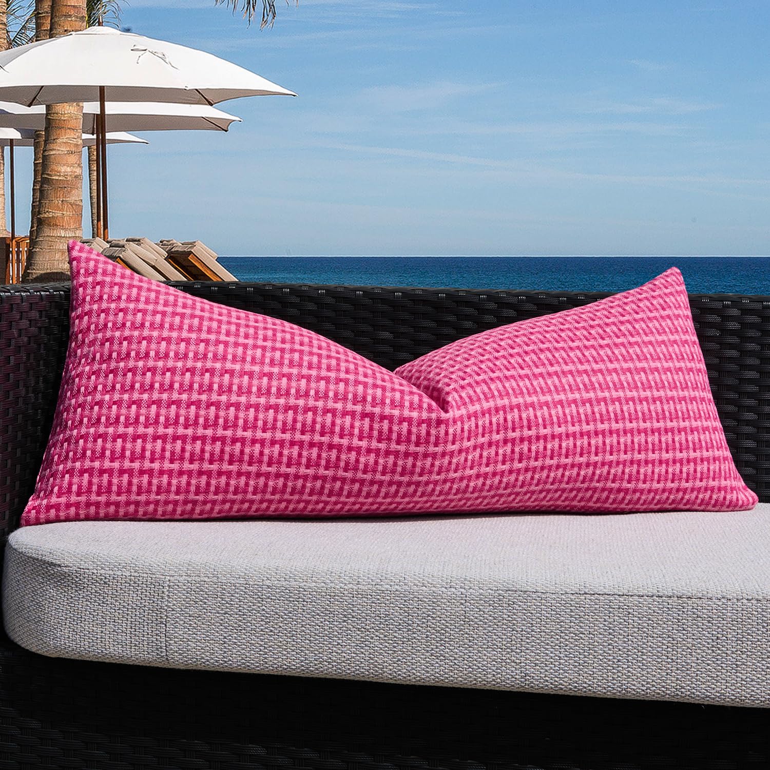 Kevin Textile Outdoor Waterproof Throw Pillow Covers Pack of 2 Weaving Texture Water Resistant Outside Decorative Cushion Covers for Garden Patio Tent Balcony Bench Couch Sofa 18x18 Inch, Navy Blue