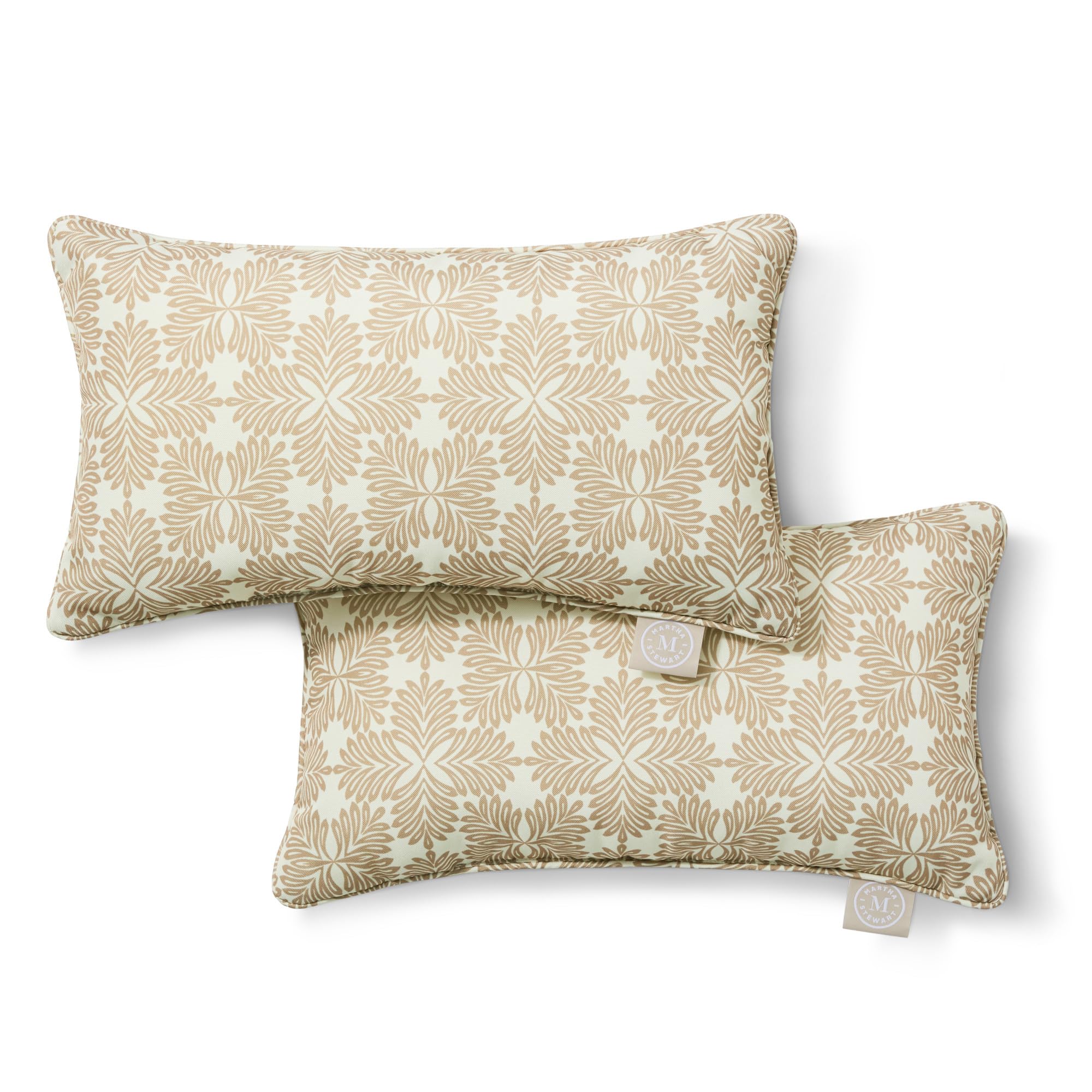 Martha Stewart Tulum Indoor Outdoor Decorative Pillow 2-Pack Set, UV Fade Resistant, Water Repellent, Printed Modern Design, Taupe, 18"x18"