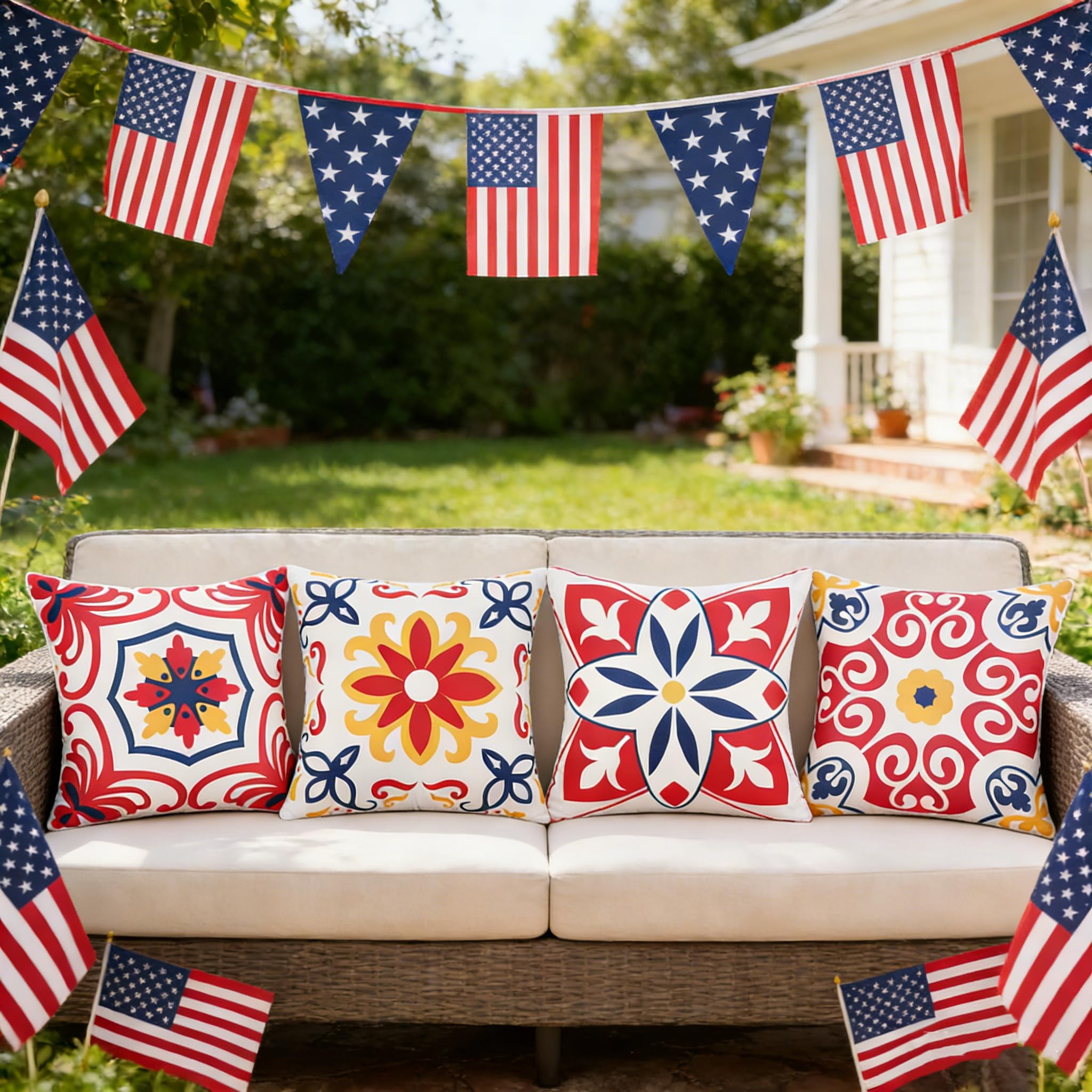 Pyonic Outdoor Waterproof Throw Pillow Covers Set of 4 Floral Printed and Boho Farmhouse Summer Outdoor Pillow Covers for Patio Funiture Garden 18x18 Inch Blue