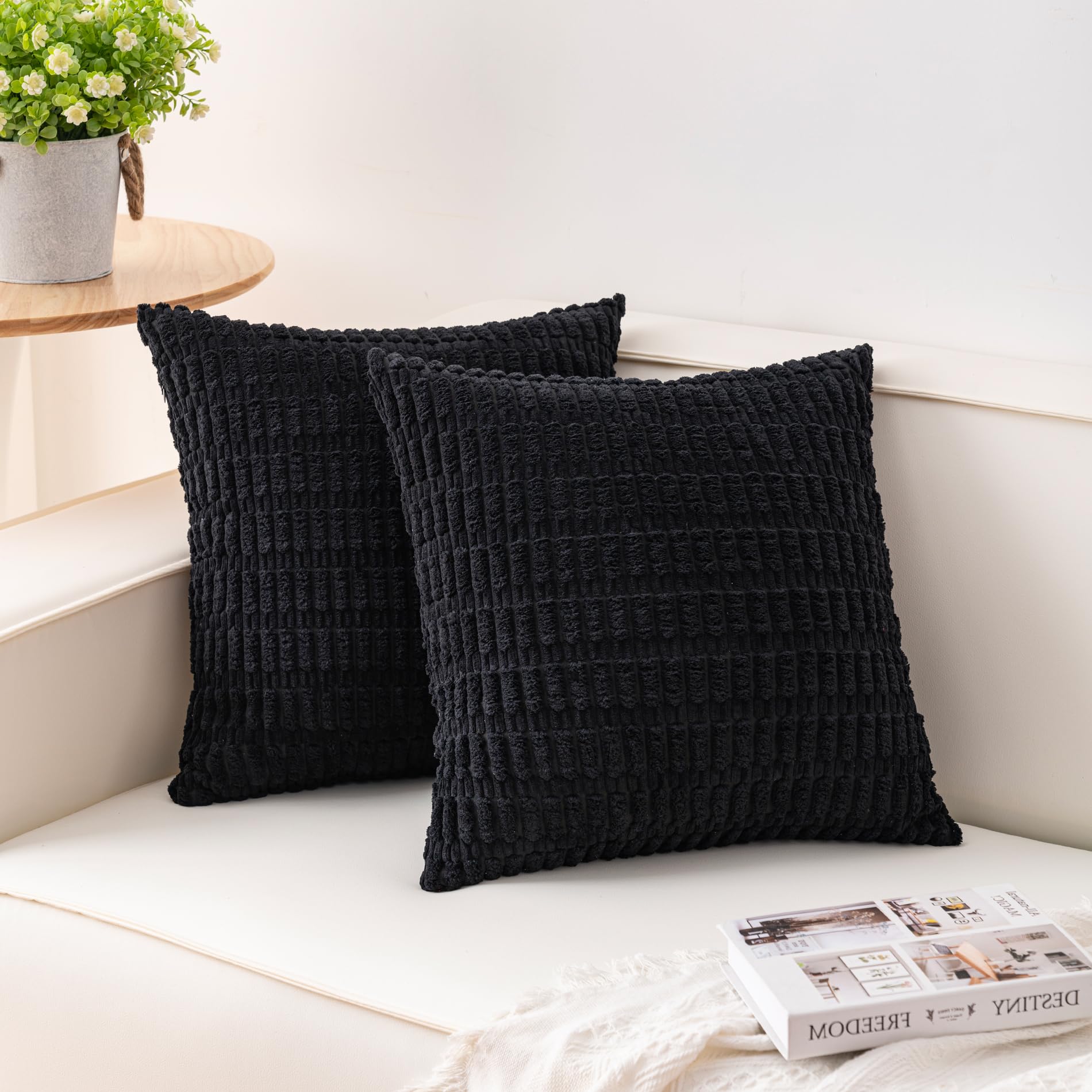 Aegero Pack of 2 Corduroy Decorative Throw Pillow Covers 18x18 Inch Soft Striped Pillow Covers Modern Farmhouse Home Decor for Sofa Living Room Couch Bed(Cream White)