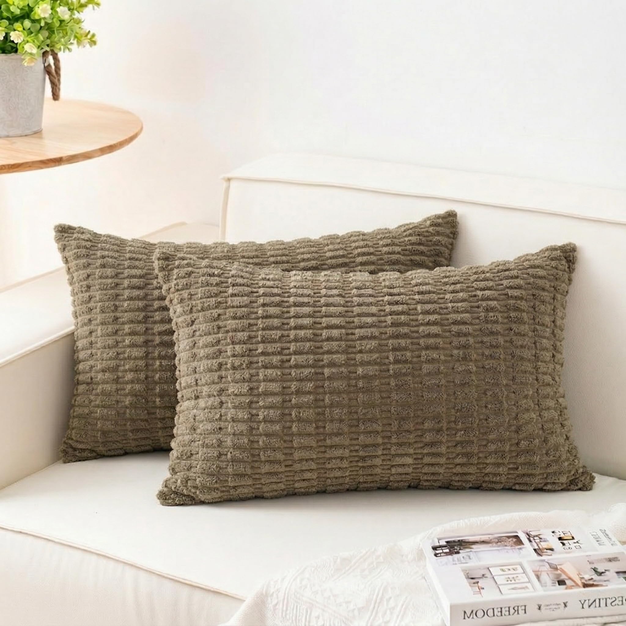 Aegero Pack of 2 Corduroy Decorative Throw Pillow Covers 18x18 Inch Soft Striped Pillow Covers Modern Farmhouse Home Decor for Sofa Living Room Couch Bed(Cream White)