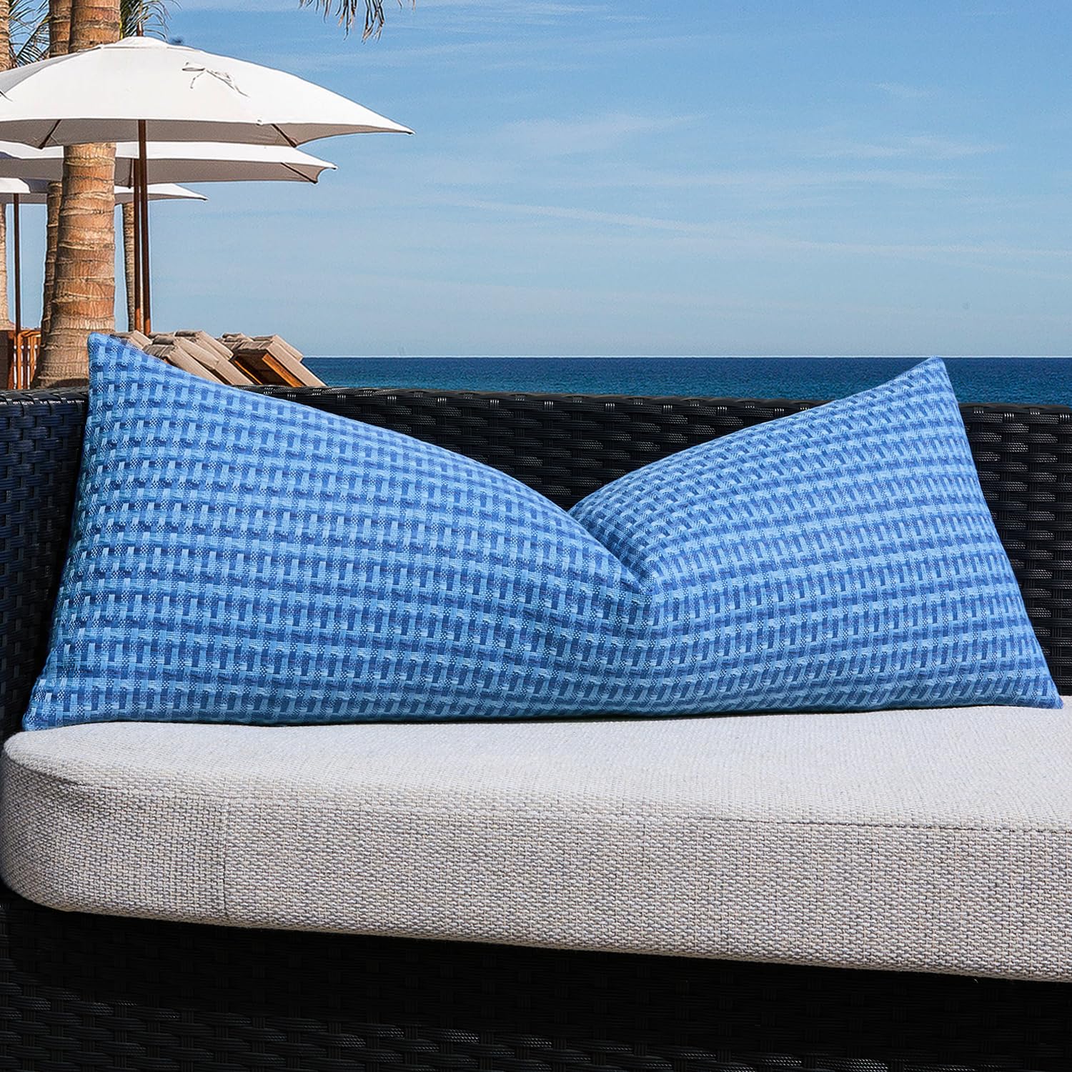 Kevin Textile Outdoor Waterproof Throw Pillow Covers Pack of 2 Weaving Texture Water Resistant Outside Decorative Cushion Covers for Garden Patio Tent Balcony Bench Couch Sofa 18x18 Inch, Navy Blue