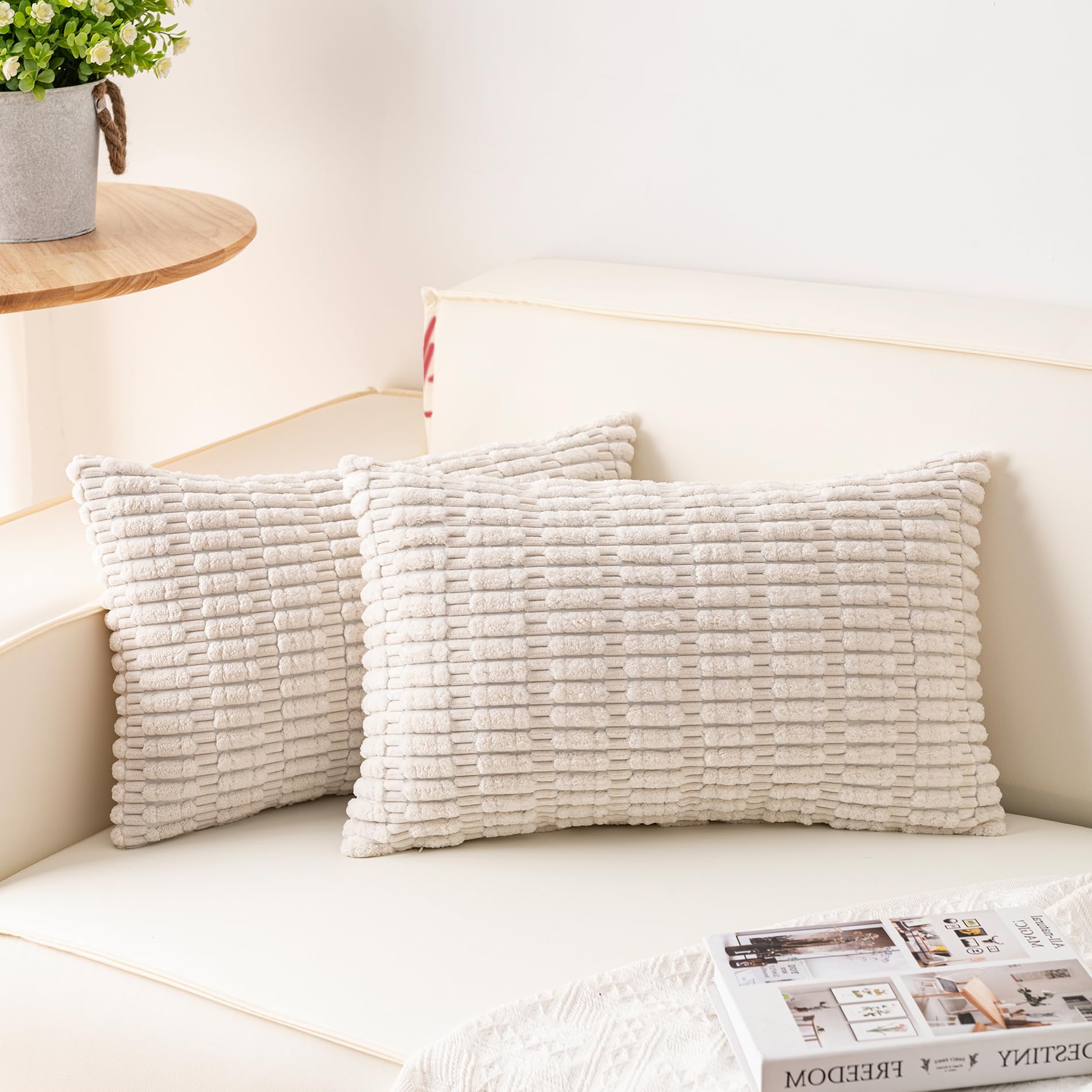 Aegero Pack of 2 Corduroy Decorative Throw Pillow Covers 18x18 Inch Soft Striped Pillow Covers Modern Farmhouse Home Decor for Sofa Living Room Couch Bed(Cream White)
