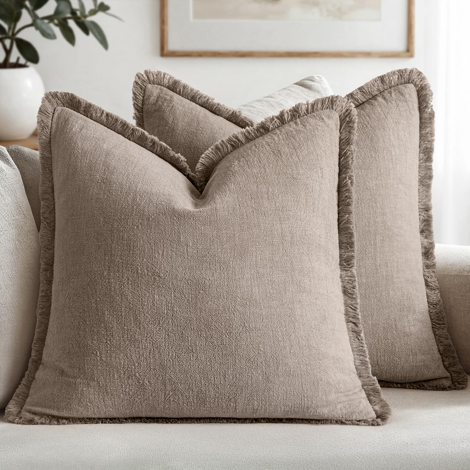 MIULEE Decorative Throw Pillow Covers Neutral Linen Fringe Throw Pillows Set of 2 Olive Green Boho Farmhouse Cushion Covers with Tassels for Couch Sofa Bed Living Room Spring Home Decor 20x20 Inch