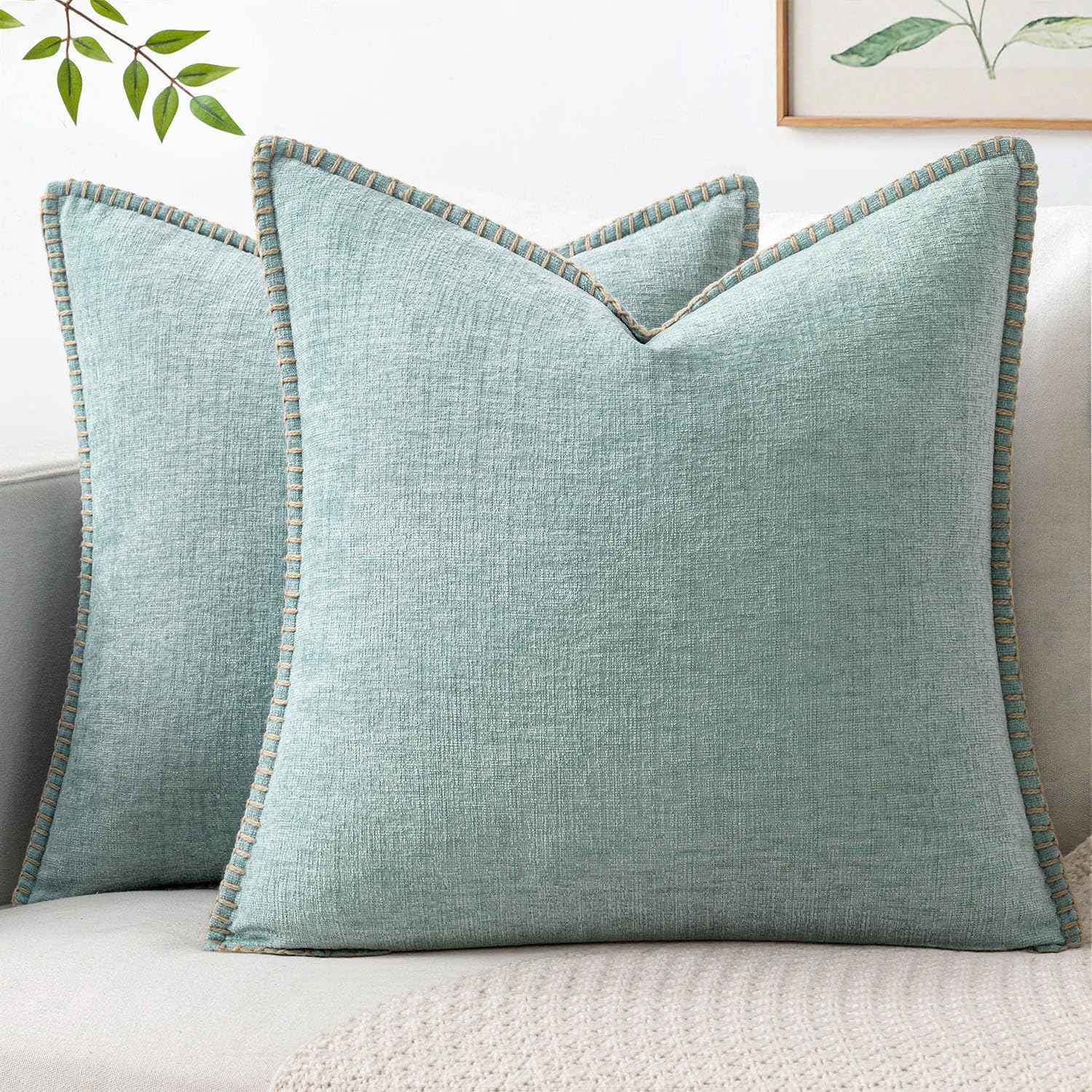 MIULEE Pack of 2 Couch Throw Pillow Covers 18x18 Inch Sage Green Farmhouse Decorative Pillow Covers with Stitched Edge Soft Chenille Solid Dyed Summer Pillow Covers for Sofa Bed Living Room