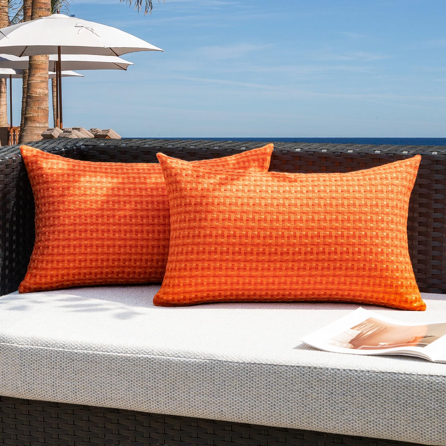 Kevin Textile Outdoor Waterproof Throw Pillow Covers Pack of 2 Weaving Texture Water Resistant Outside Decorative Cushion Covers for Garden Patio Tent Balcony Bench Couch Sofa 18x18 Inch, Navy Blue