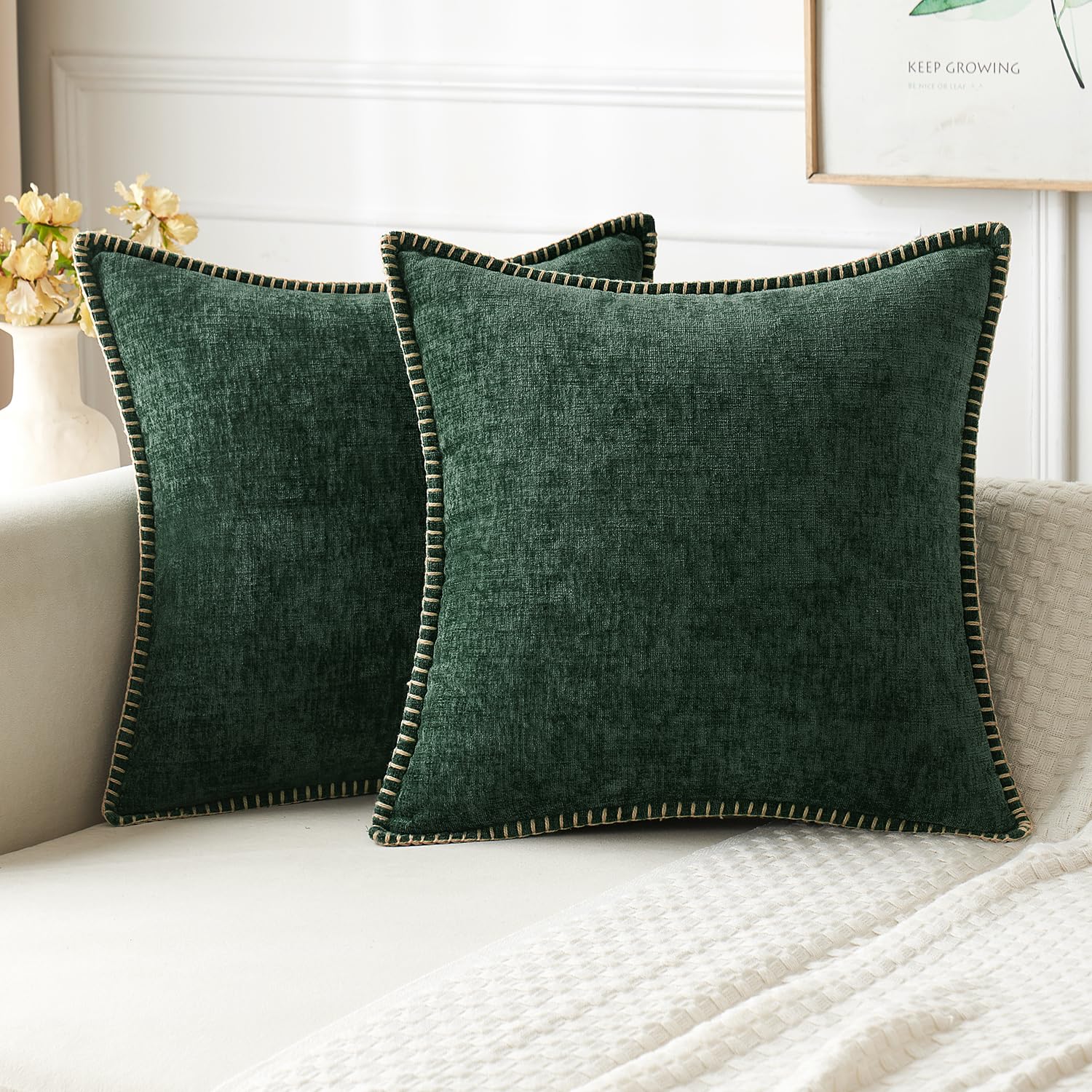 MIULEE Pack of 2 Couch Throw Pillow Covers 18x18 Inch Sage Green Farmhouse Decorative Pillow Covers with Stitched Edge Soft Chenille Solid Dyed Summer Pillow Covers for Sofa Bed Living Room