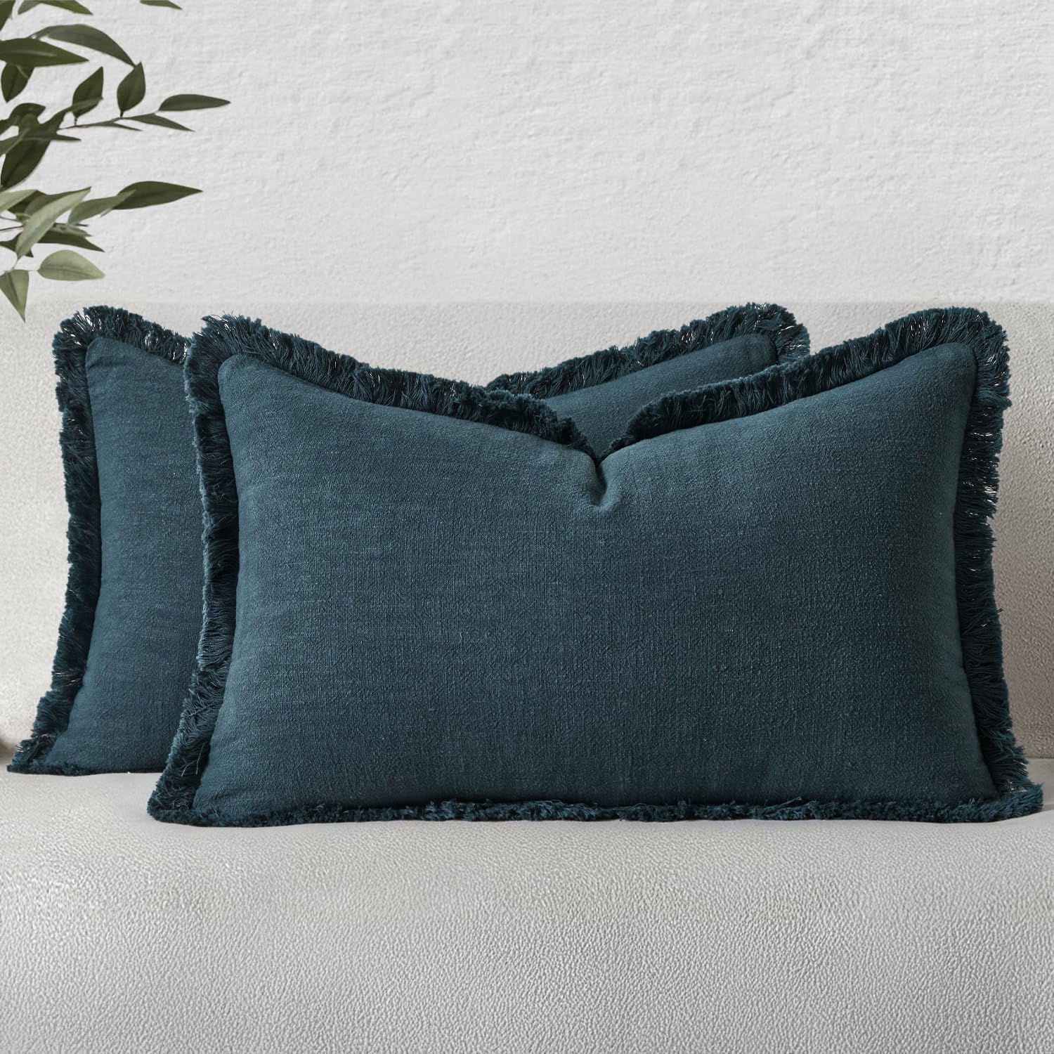 MIULEE Decorative Throw Pillow Covers Neutral Linen Fringe Throw Pillows Set of 2 Olive Green Boho Farmhouse Cushion Covers with Tassels for Couch Sofa Bed Living Room Spring Home Decor 20x20 Inch