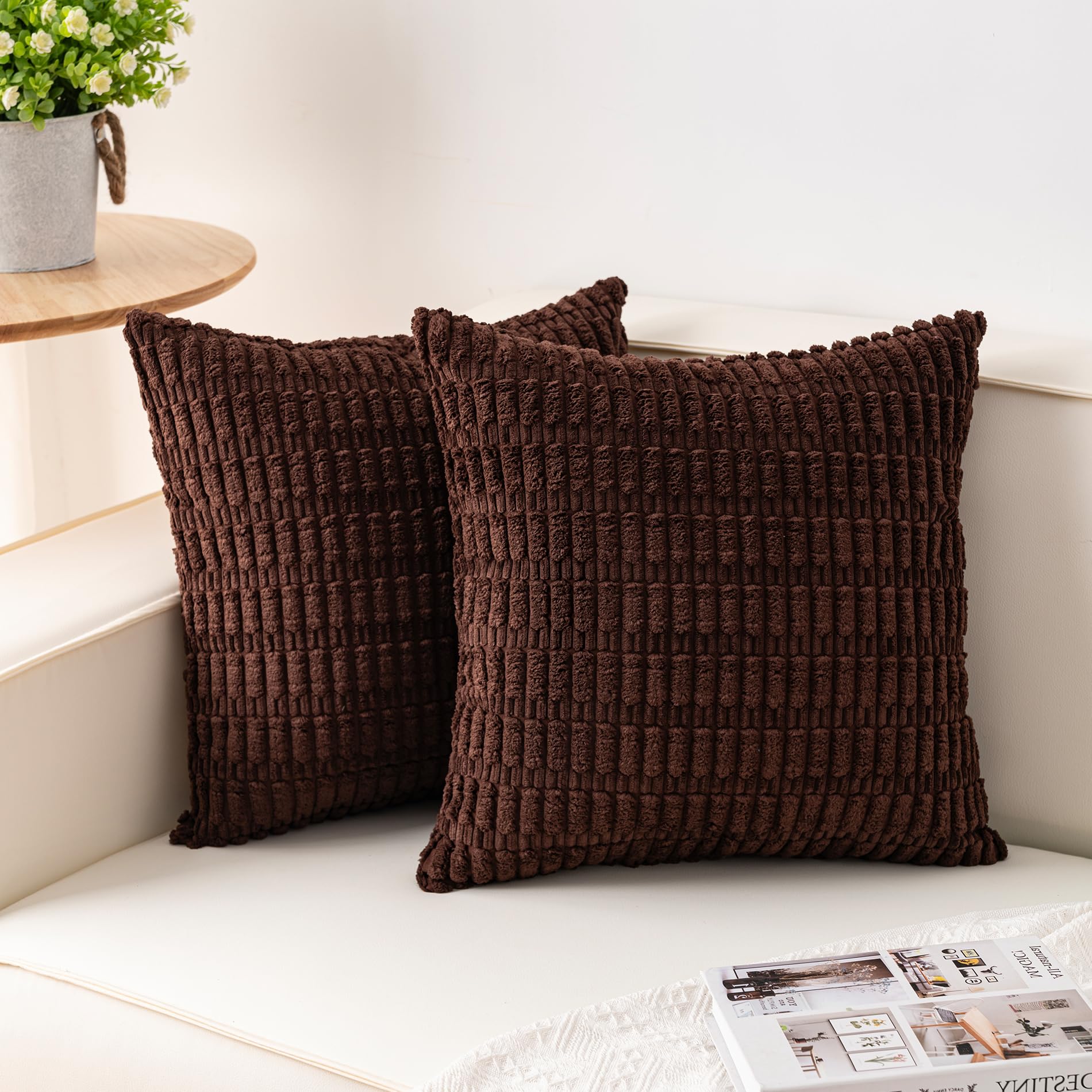 Aegero Pack of 2 Corduroy Decorative Throw Pillow Covers 18x18 Inch Soft Striped Pillow Covers Modern Farmhouse Home Decor for Sofa Living Room Couch Bed(Cream White)