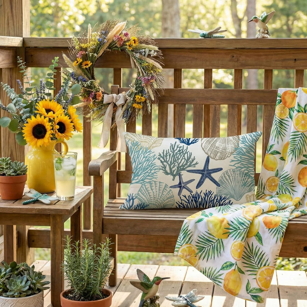 GEEORY Summer Pillow Cover 12x20 Inch - Starfish Seaweed Seashell Coastal Decor in Soft Blue, Nautical Beach Throw Pillow Case for Sofa, Couch, Living Room, Bedroom