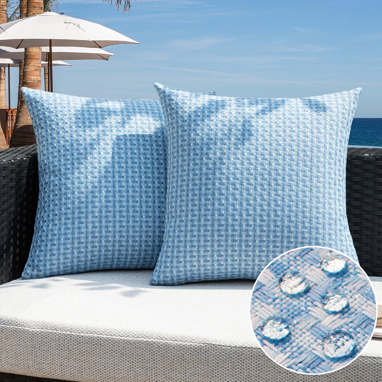 Kevin Textile Outdoor Waterproof Throw Pillow Covers Pack of 2 Weaving Texture Water Resistant Outside Decorative Cushion Covers for Garden Patio Tent Balcony Bench Couch Sofa 18x18 Inch, Navy Blue