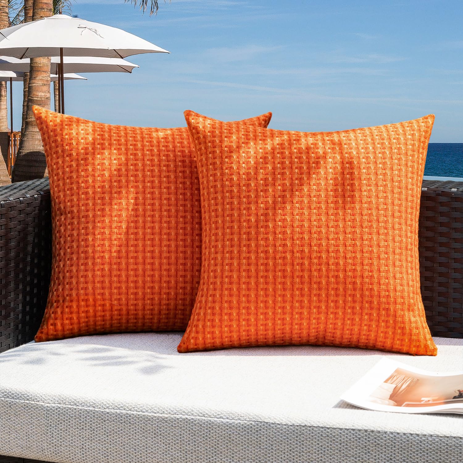Kevin Textile Outdoor Waterproof Throw Pillow Covers Pack of 2 Weaving Texture Water Resistant Outside Decorative Cushion Covers for Garden Patio Tent Balcony Bench Couch Sofa 18x18 Inch, Navy Blue