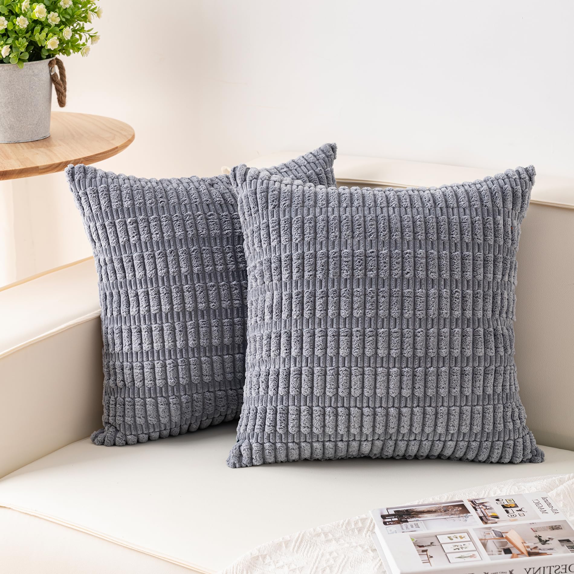 Aegero Pack of 2 Corduroy Decorative Throw Pillow Covers 18x18 Inch Soft Striped Pillow Covers Modern Farmhouse Home Decor for Sofa Living Room Couch Bed(Cream White)