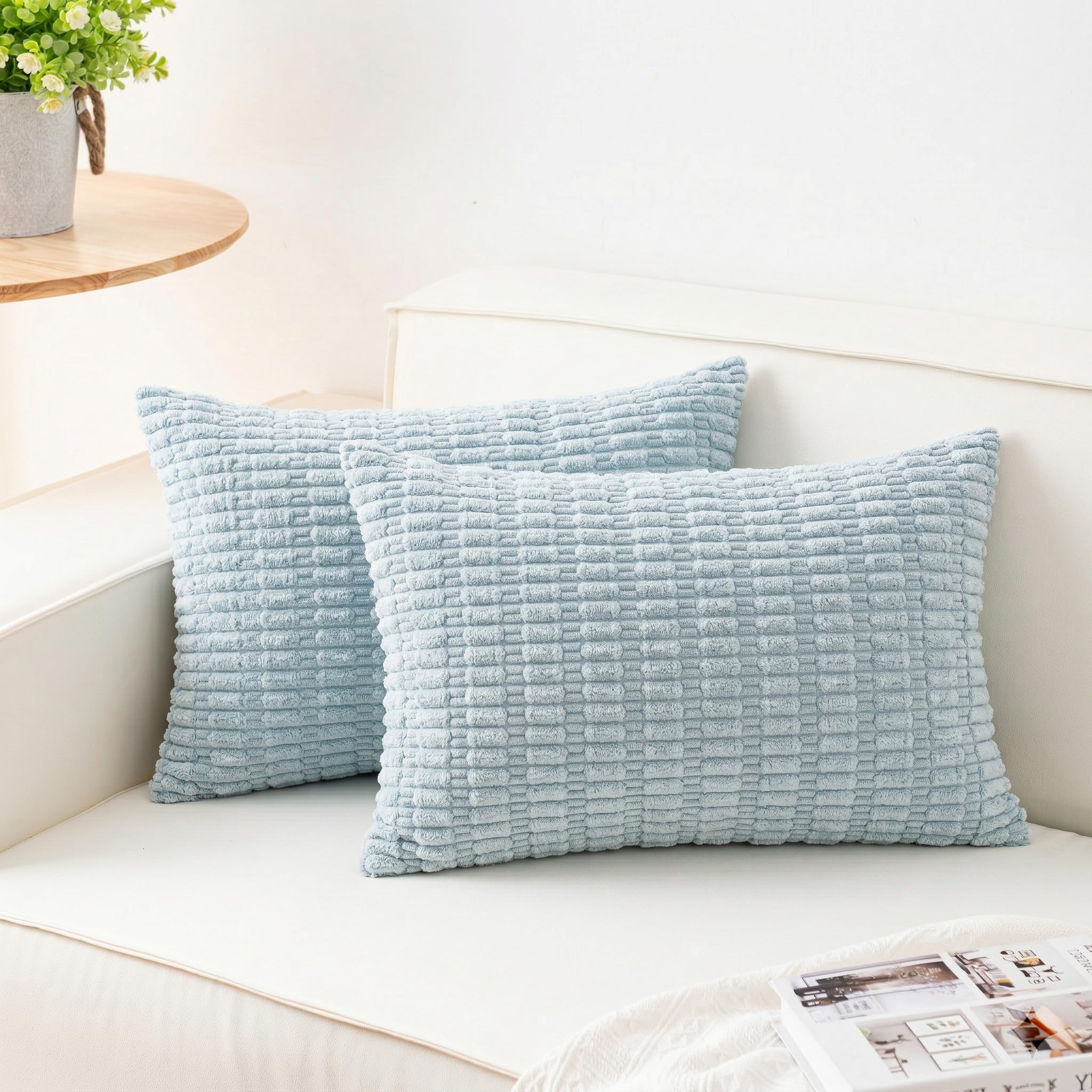Aegero Pack of 2 Corduroy Decorative Throw Pillow Covers 18x18 Inch Soft Striped Pillow Covers Modern Farmhouse Home Decor for Sofa Living Room Couch Bed(Cream White)